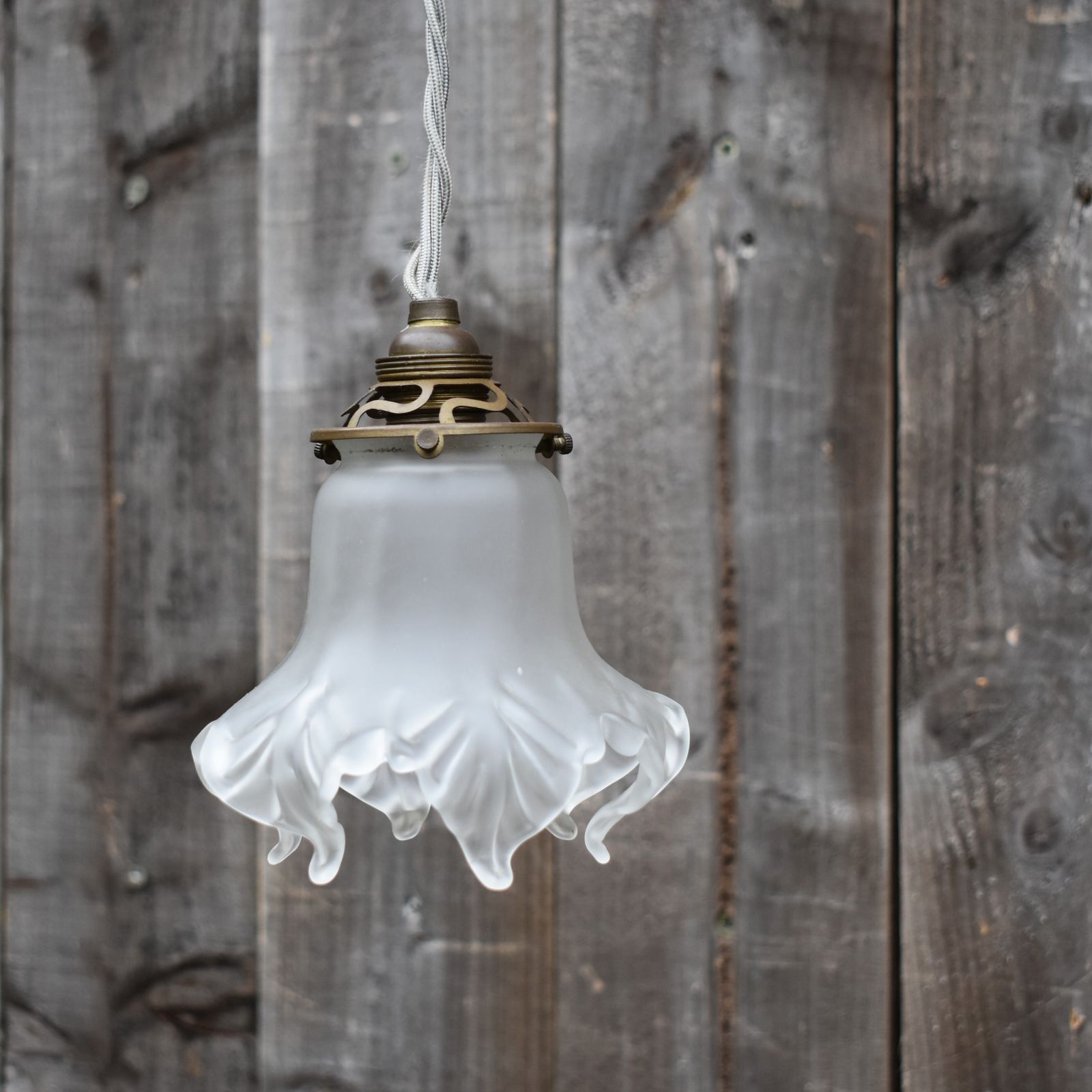 Antique Vintage French Moulded & Frosted Glass Tulip Pendant Downlight Light