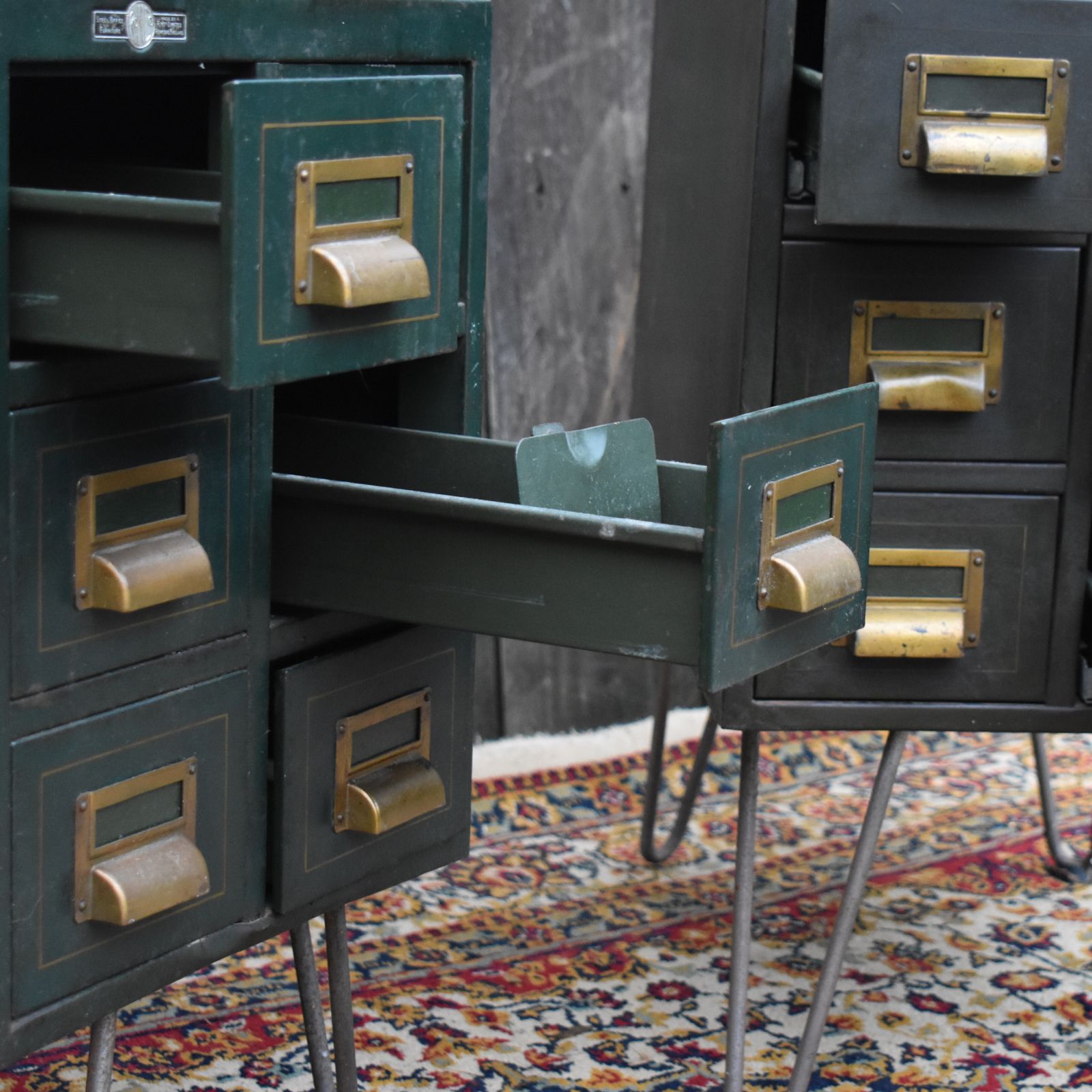 Furniture Vintage 1934 Roneo Green Steel Filing Bank Of Drawers Bedside Cabinets Pair photo