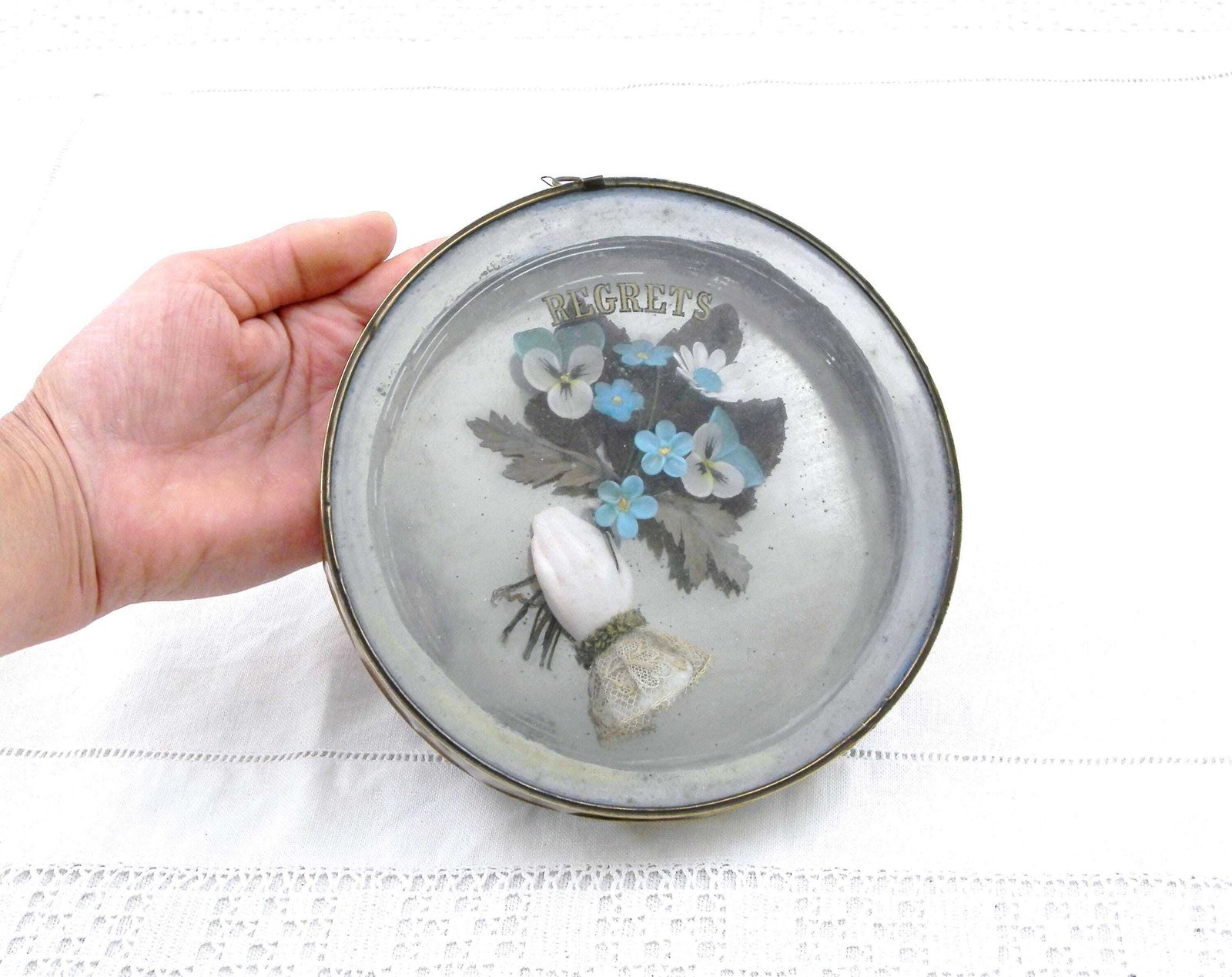 Antique French Round Mourning Shadow Box With Hand And Blue Flowers, Retro 3d Wall Hanging Funeral Picture, Souvenir And Regrets From France photo Art