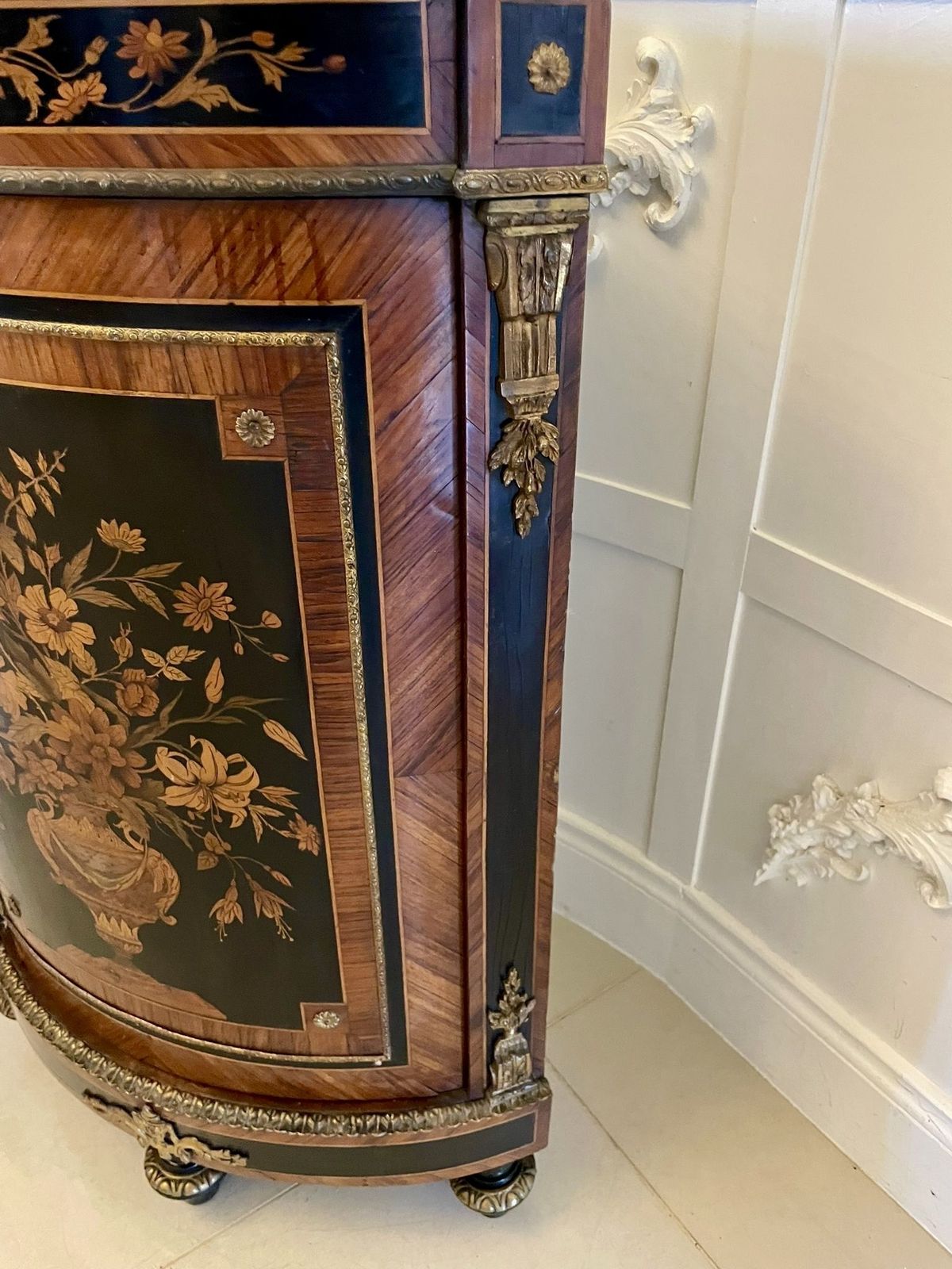 Antique French Louis XVI Style Marquetry Corner Cabinet With Marble Top photo vinterior