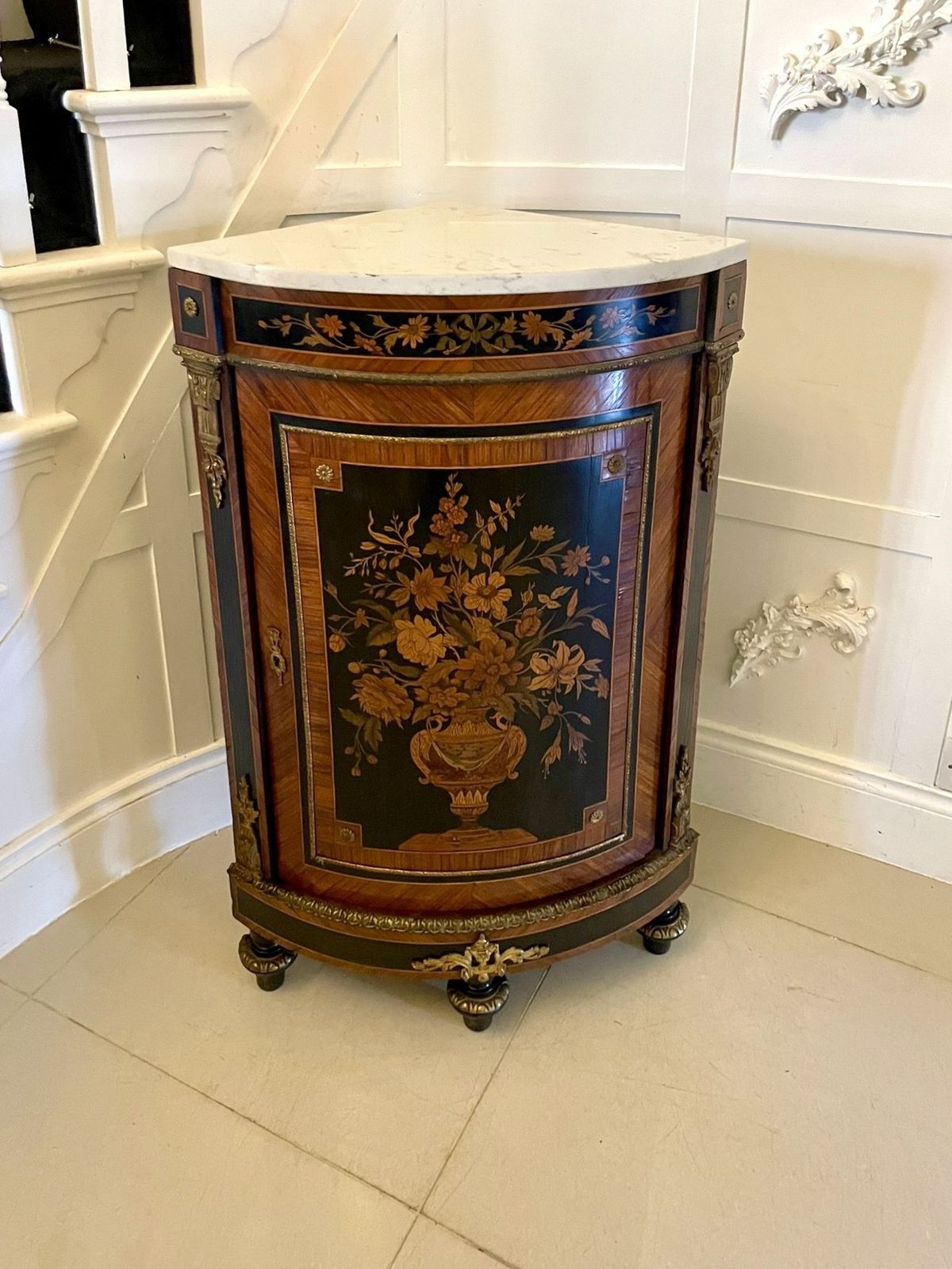 Antique French Louis XVI Style Marquetry Corner Cabinet With Marble Top