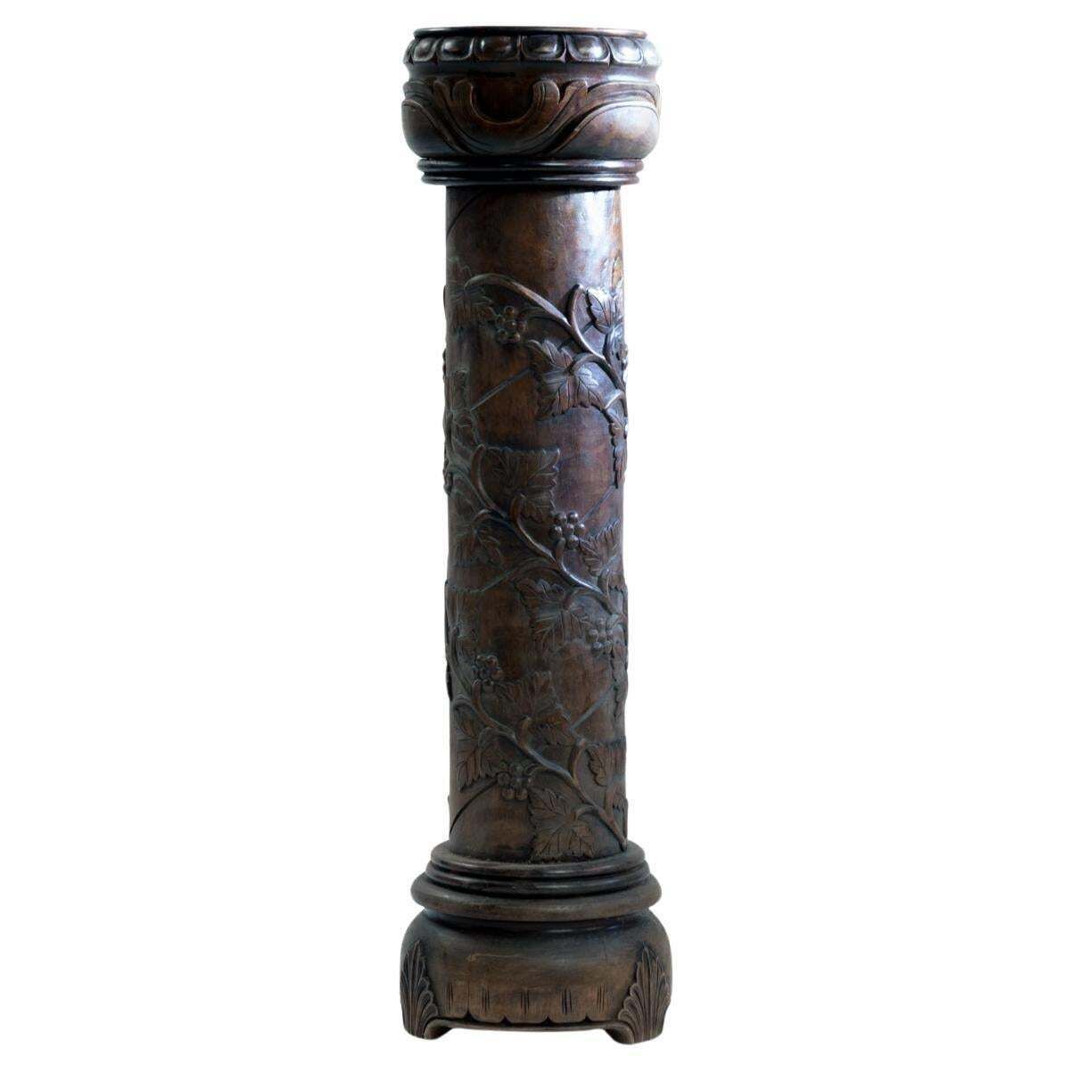 Pedestal Plantstand, Mahogany, Handcarved Grapevine Motive, Wood, 1950s