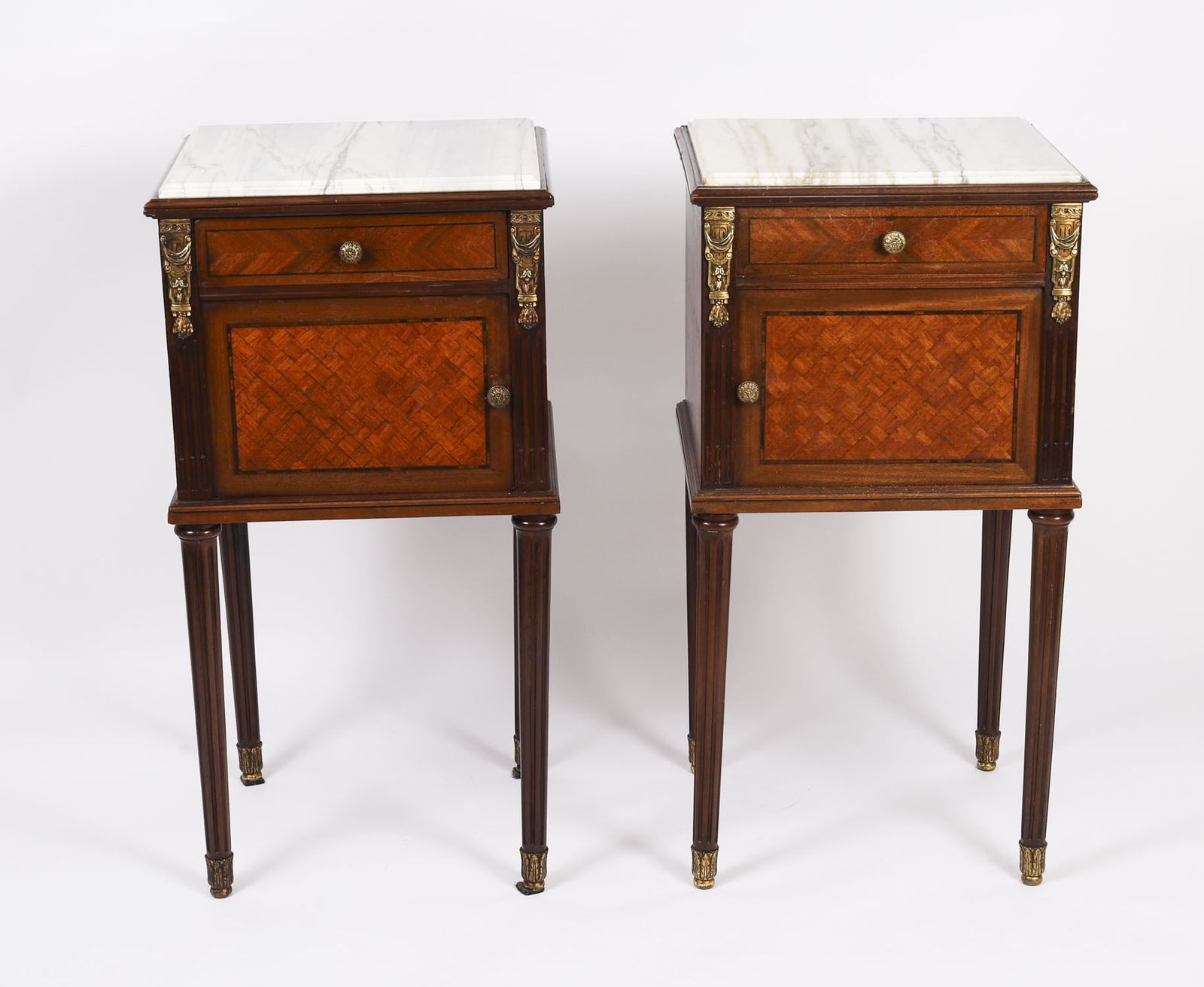 Antique Pair French Parquetry Bedside Cabinets 19th Century photo furniture