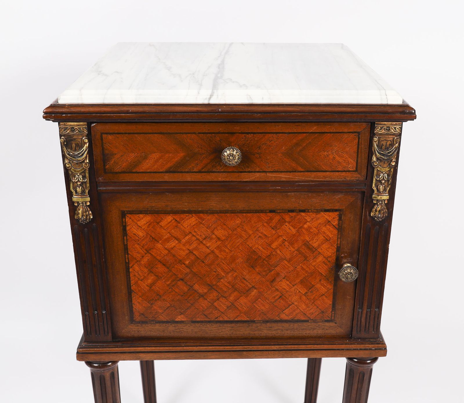 photo for sale Antique Pair French Parquetry Bedside Cabinets 19th Century
