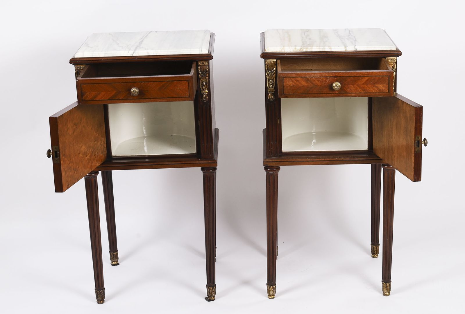 Furniture Antique Pair French Parquetry Bedside Cabinets 19th Century photo