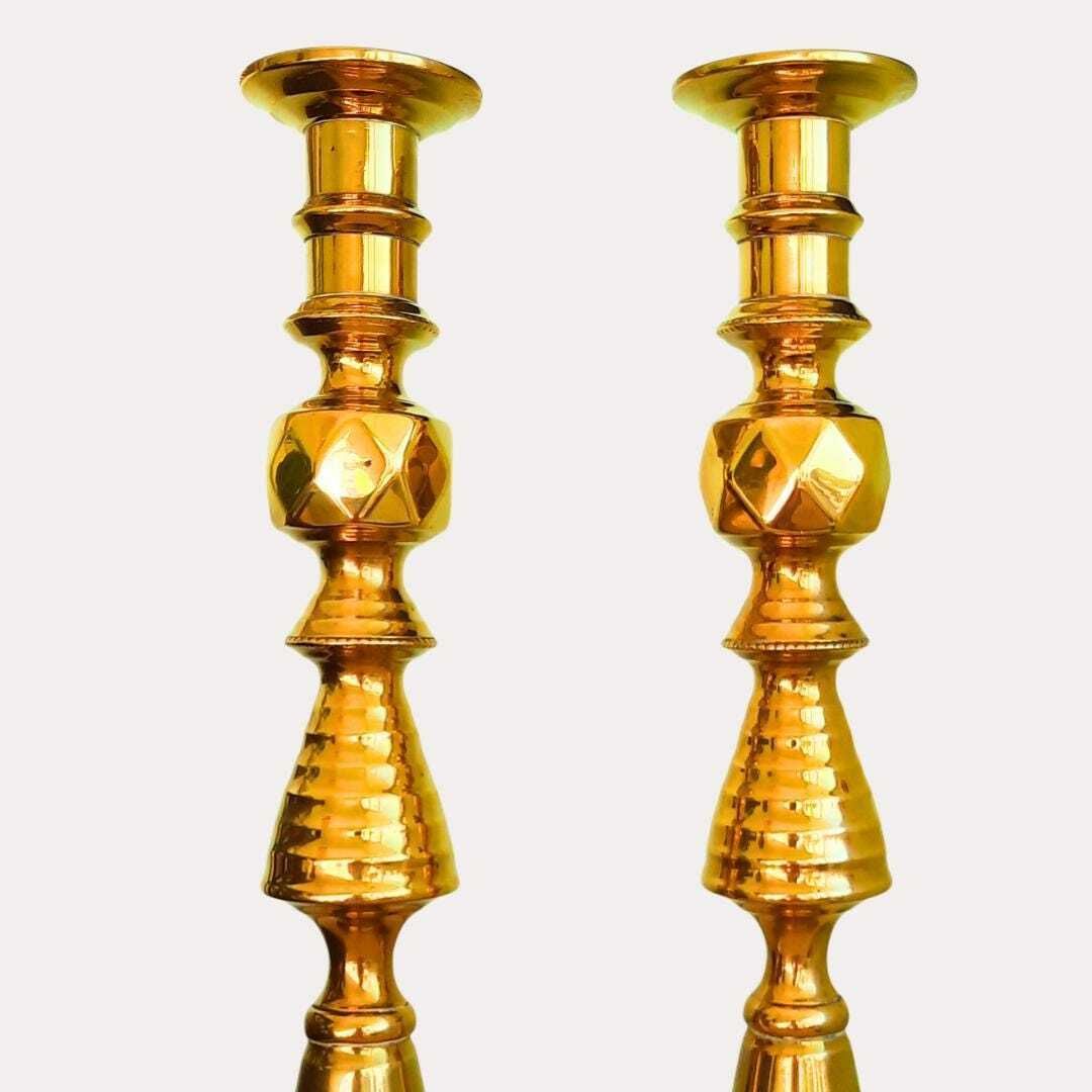 Large Pair Of King Of Diamonds Brass Candlesticks Pair H 11.7, Antique Tall Brass Candleholders photo for sale