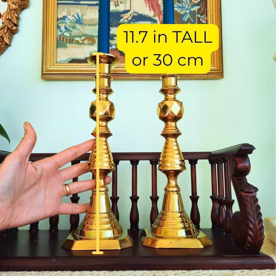 Large Pair Of King Of Diamonds Brass Candlesticks Pair H 11.7, Antique Tall Brass Candleholders photo Home Decor