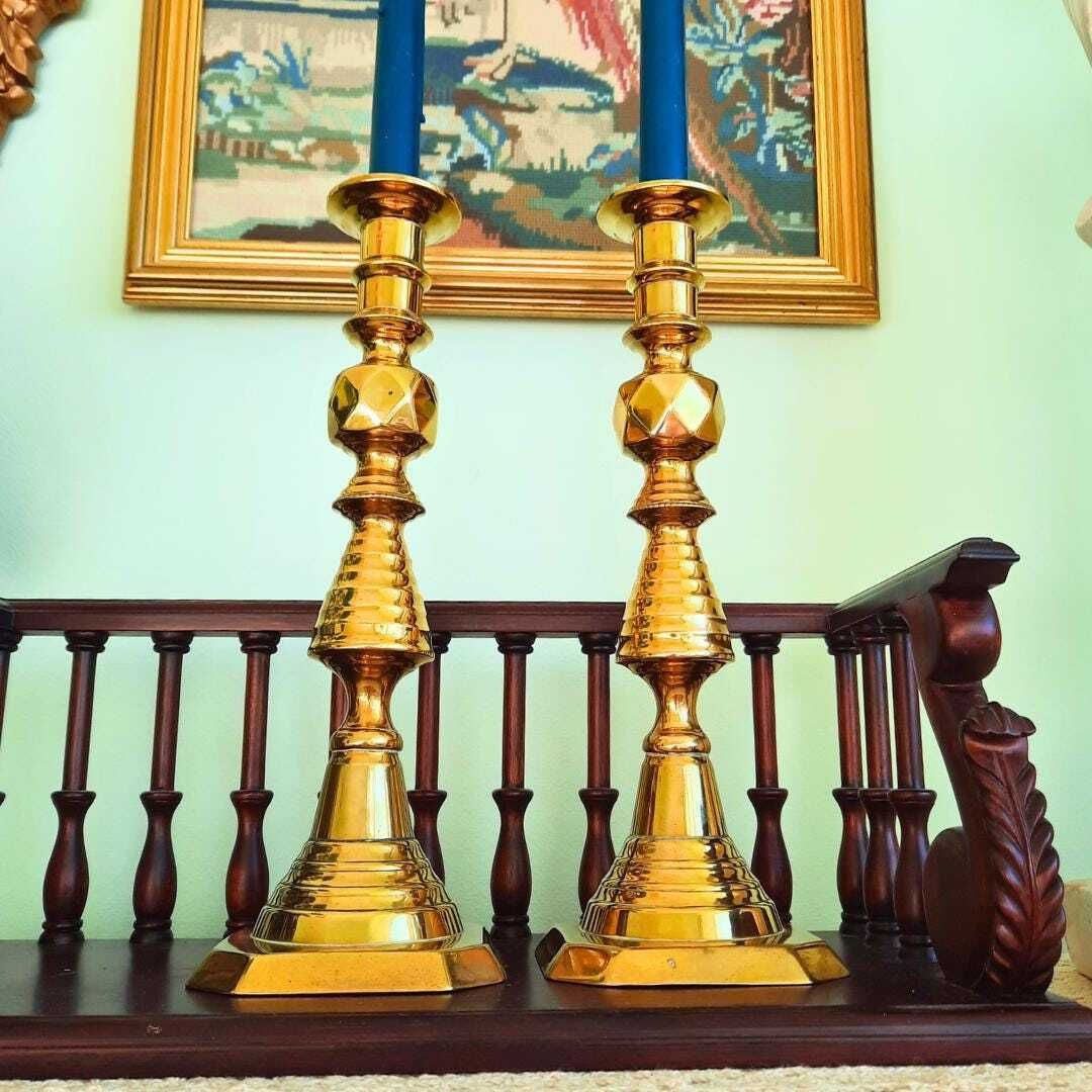 Large Pair Of King Of Diamonds Brass Candlesticks Pair H 11.7, Antique Tall Brass Candleholders photo buy