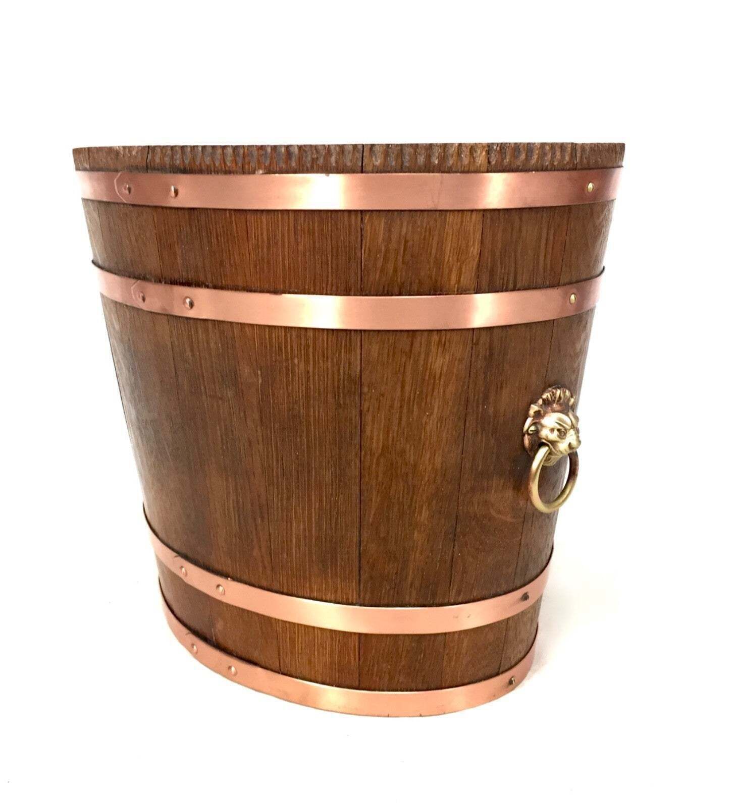 Antique Wooden Oak & Copper Barrel Log Bucket / Fireside Scuttle / Planter C1900