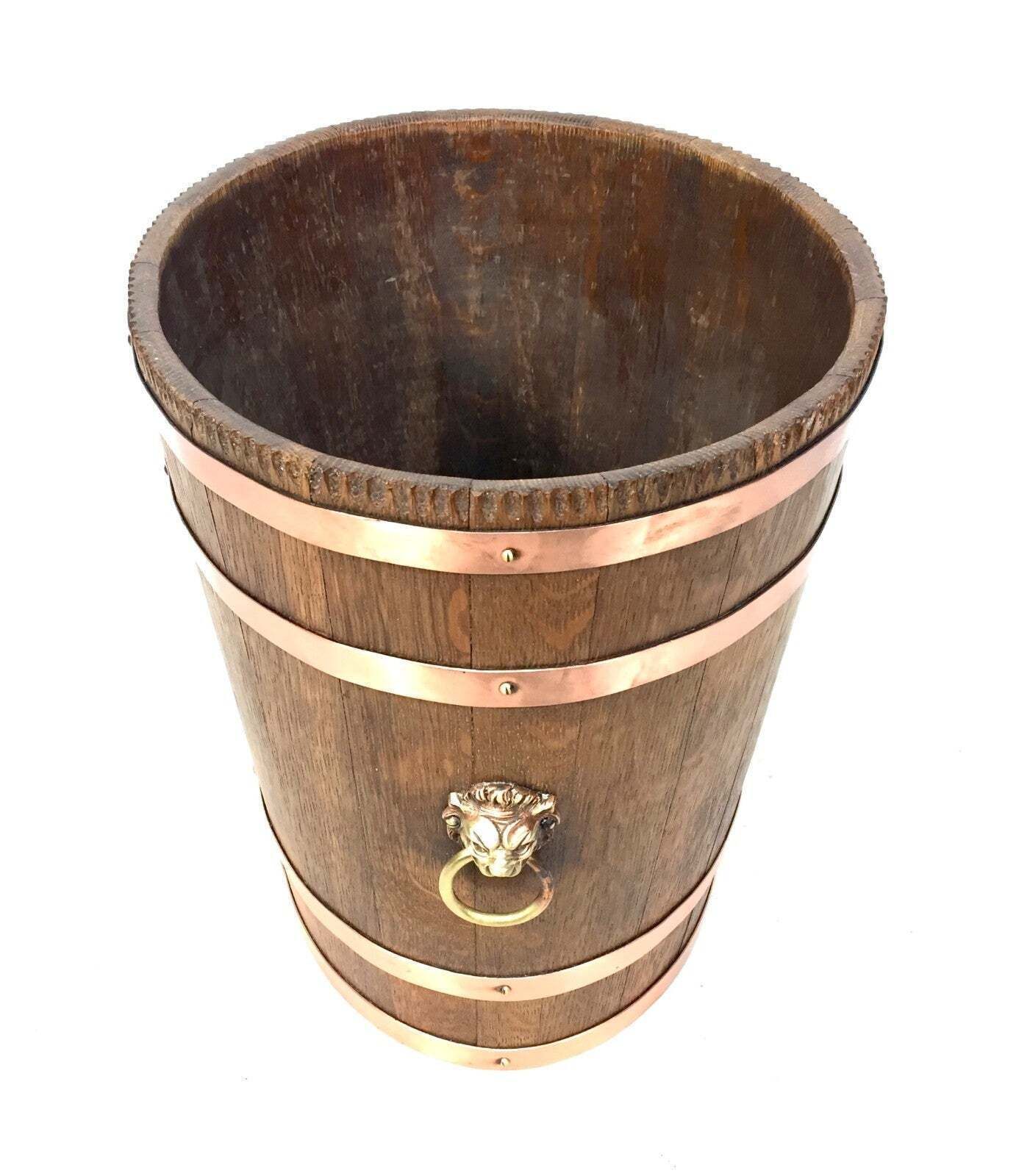 Antique Wooden Oak & Copper Barrel Log Bucket / Fireside Scuttle / Planter C1900 photo for sale