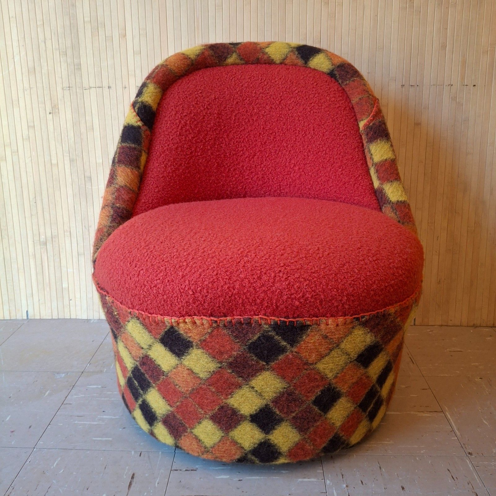 Fab Vintage Retro 70s Sherborne Tub Chair Dark Orange Boucle & Multi Check Wool photo furniture