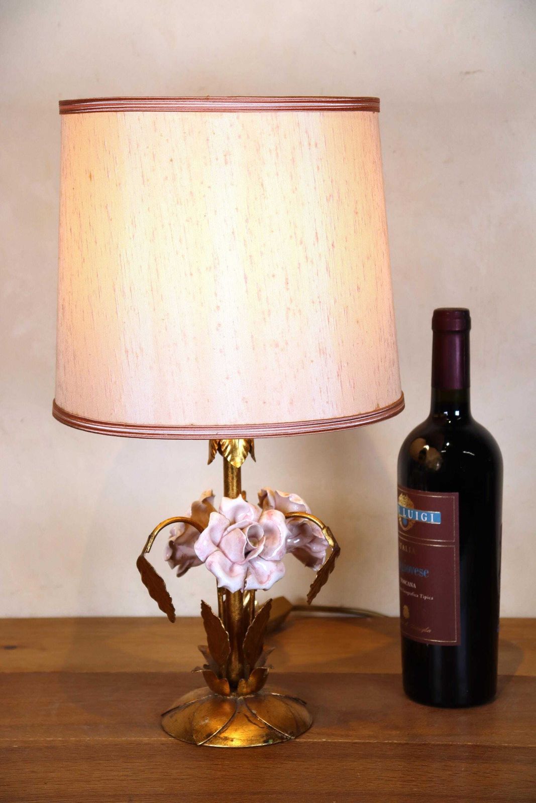 Gilded Porcelain Rose Lamp: Hollywood Regency Desk Or Table Lamp (St.245) photo vintage