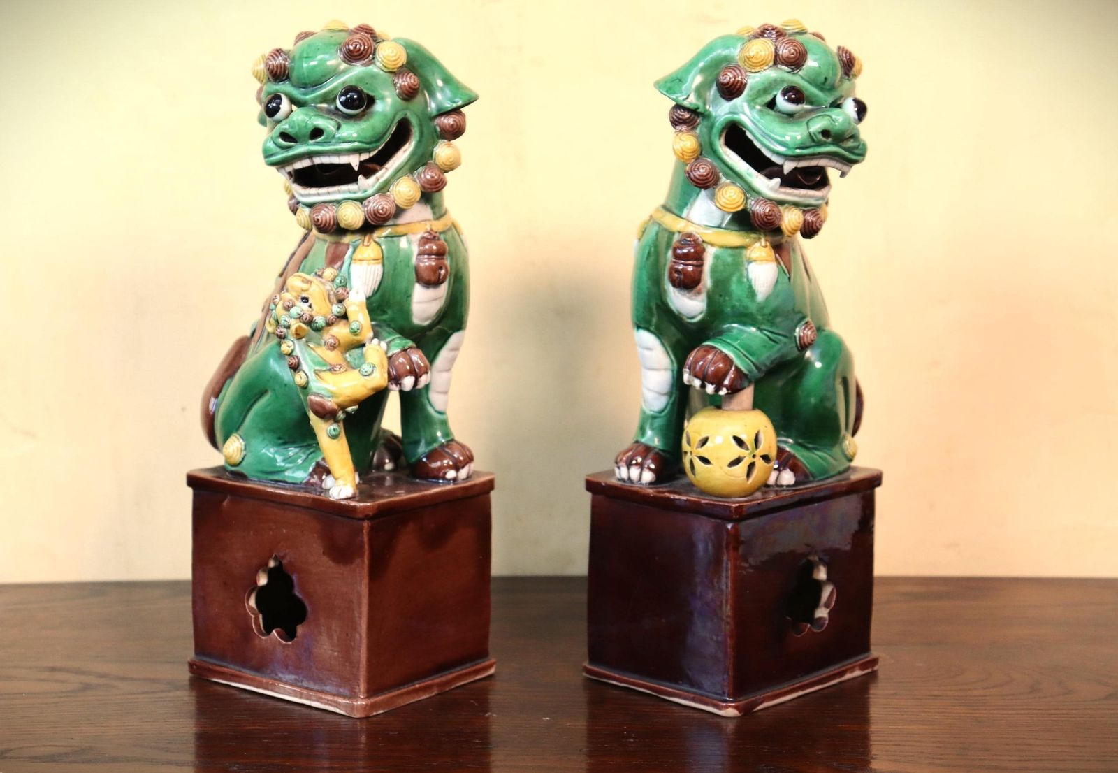 Art Antique Sancai Foo Dogs, 19th Century Buddhist Lions Pair (St.267) photo