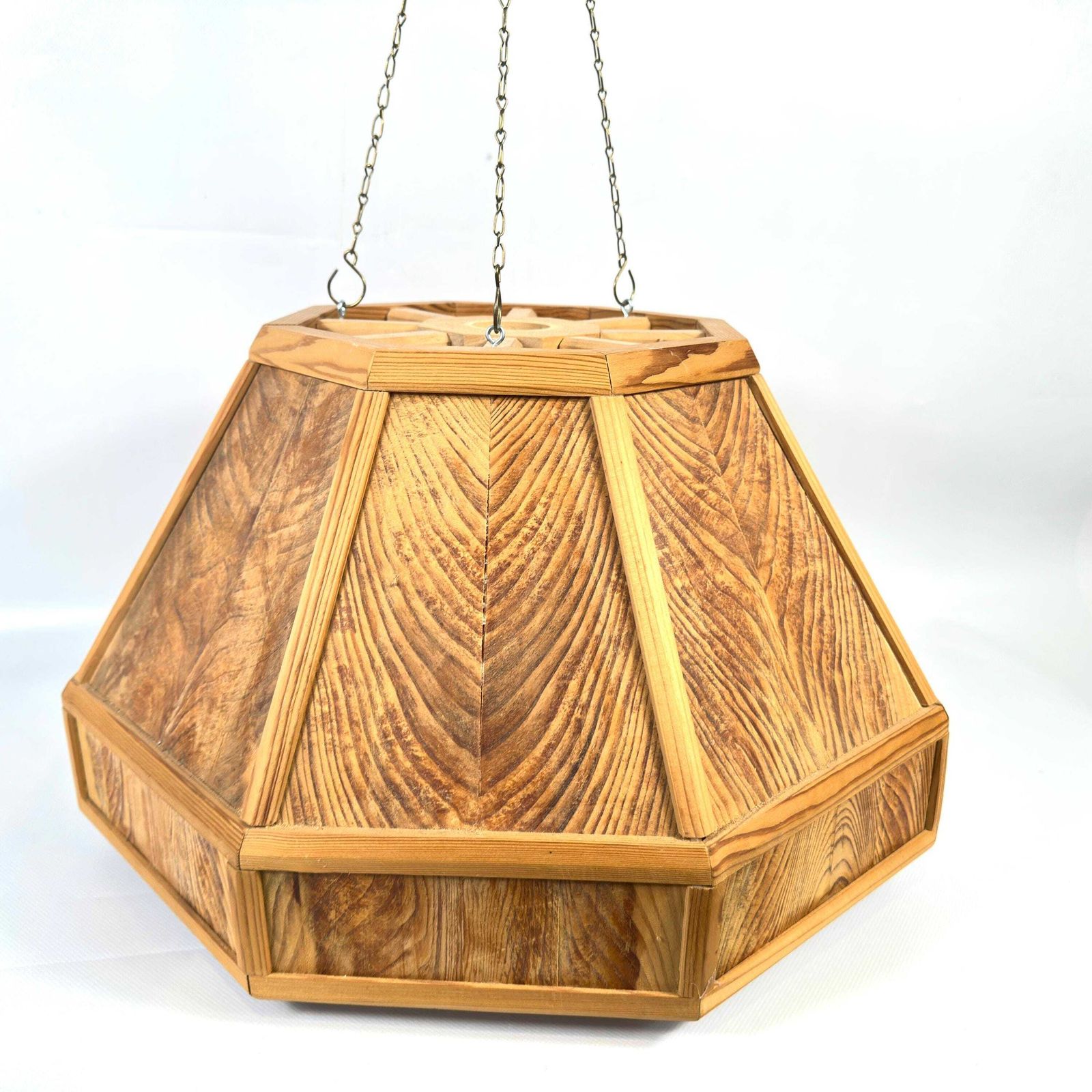 Scandinavian Wooden Ceiling Lamp Shade – 1970s Geometric Pine Pendant Light photo Lighting
