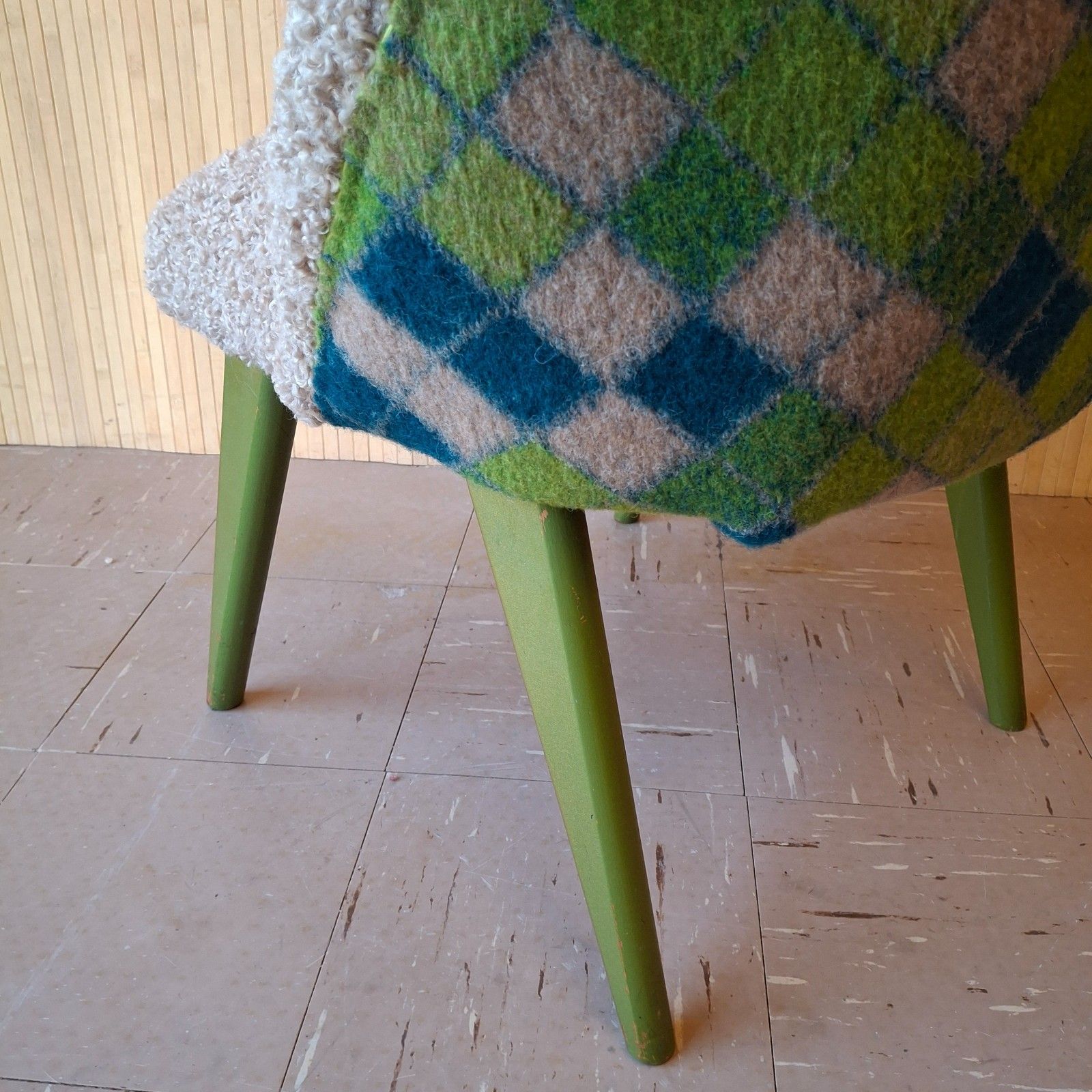 Fab Vintage Reworked Lloyd Loom Sirrom Chair Caramel Boucle & Lime Check Wool photo vintage