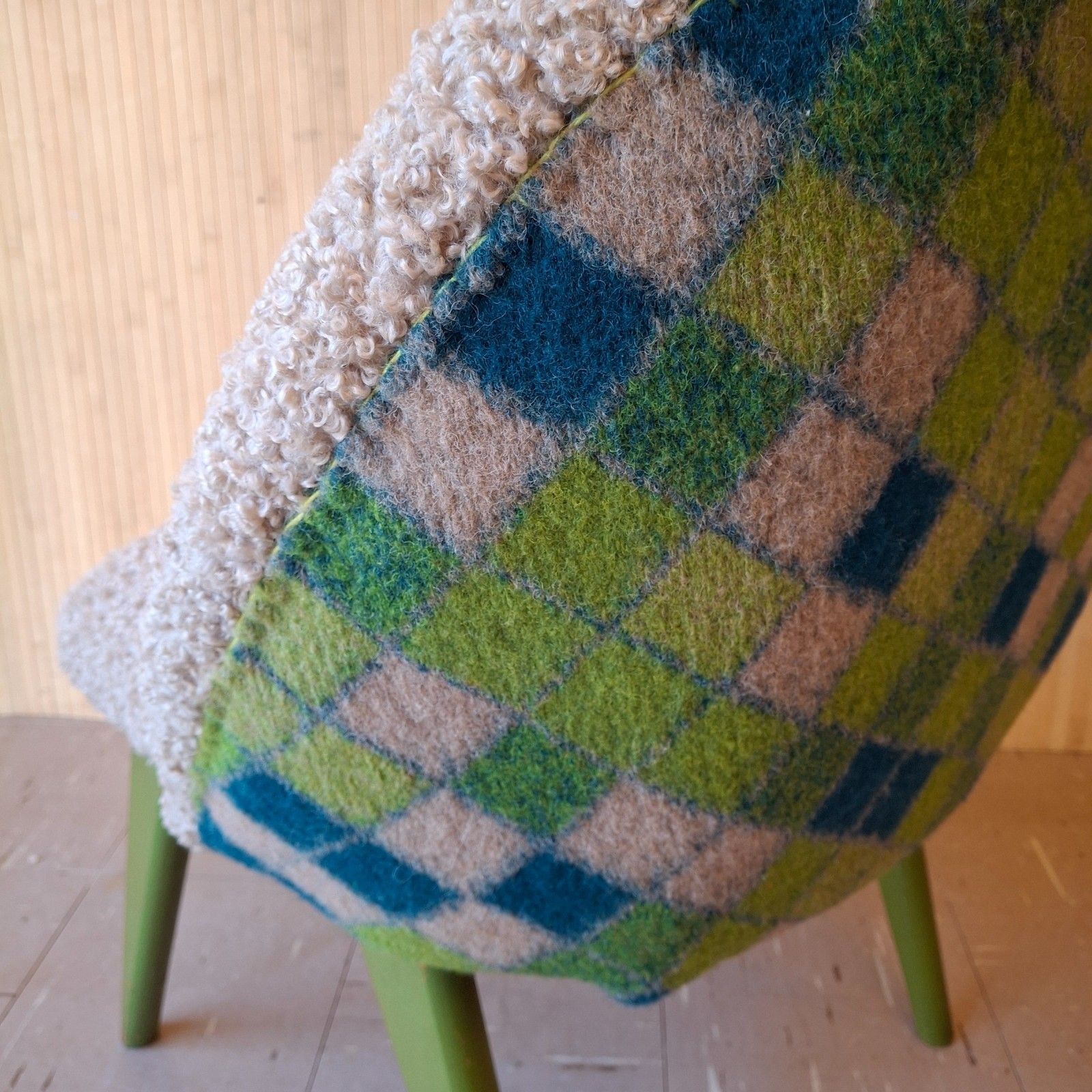 photo furniture Fab Vintage Reworked Lloyd Loom Sirrom Chair Caramel Boucle & Lime Check Wool