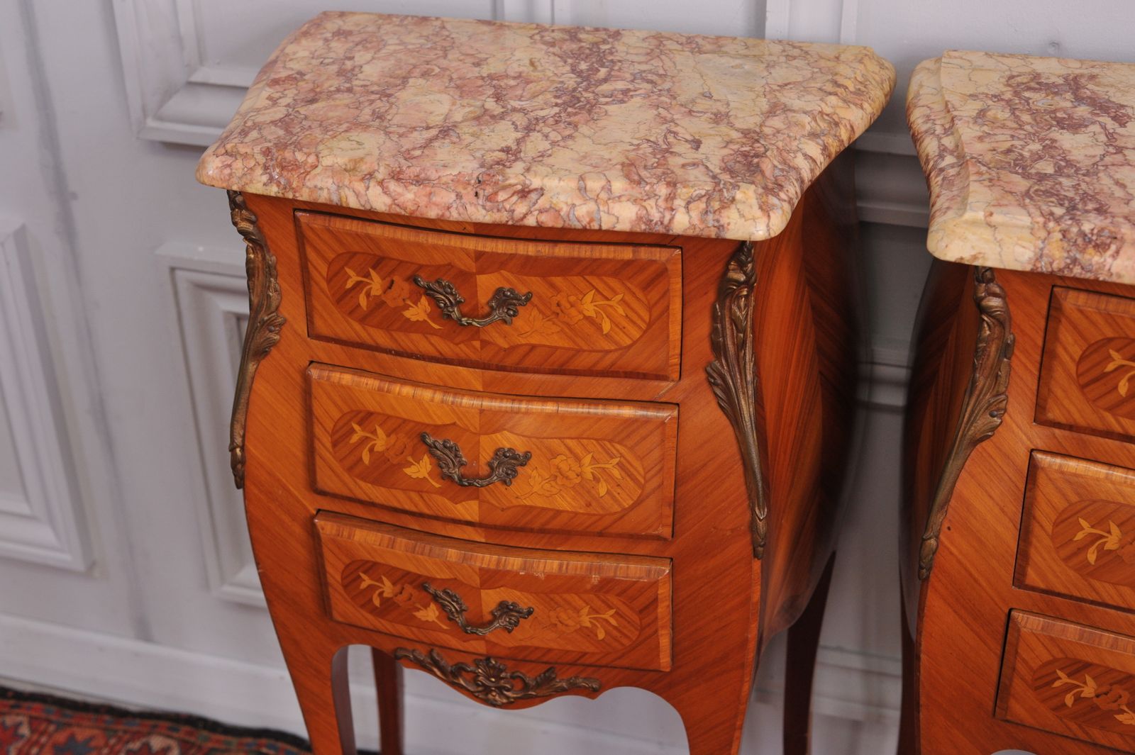 Vintage French Mid C Pair Of  Louis XV Style Three Drawer Marble Top Cabinets Bedsides Chests photo vinterior
