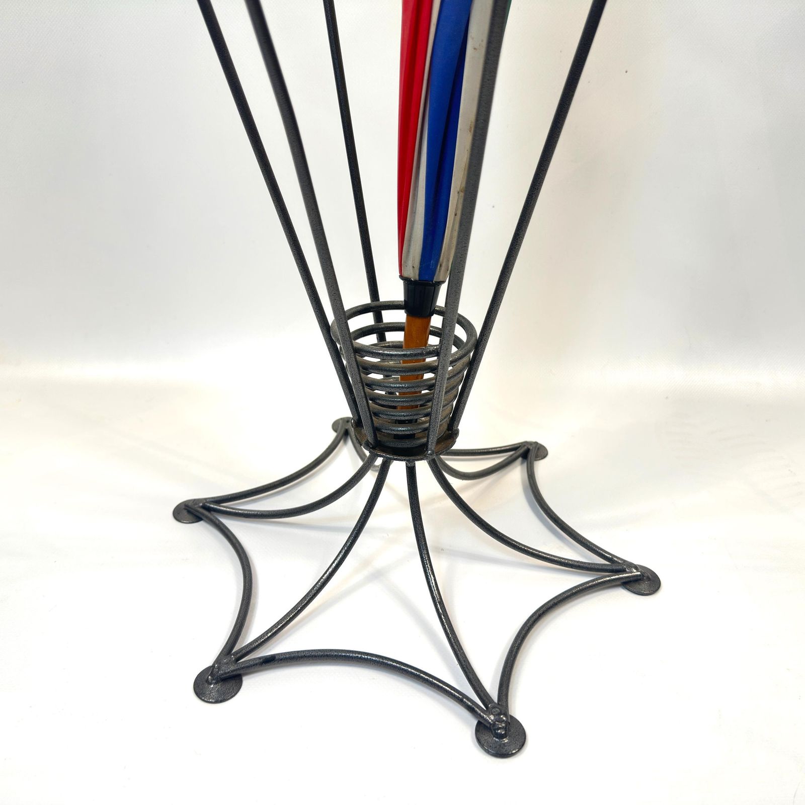 Vintage Scandinavian Metal Umbrella Stand – Mid Century Gunmetal Hall Stand photo for sale