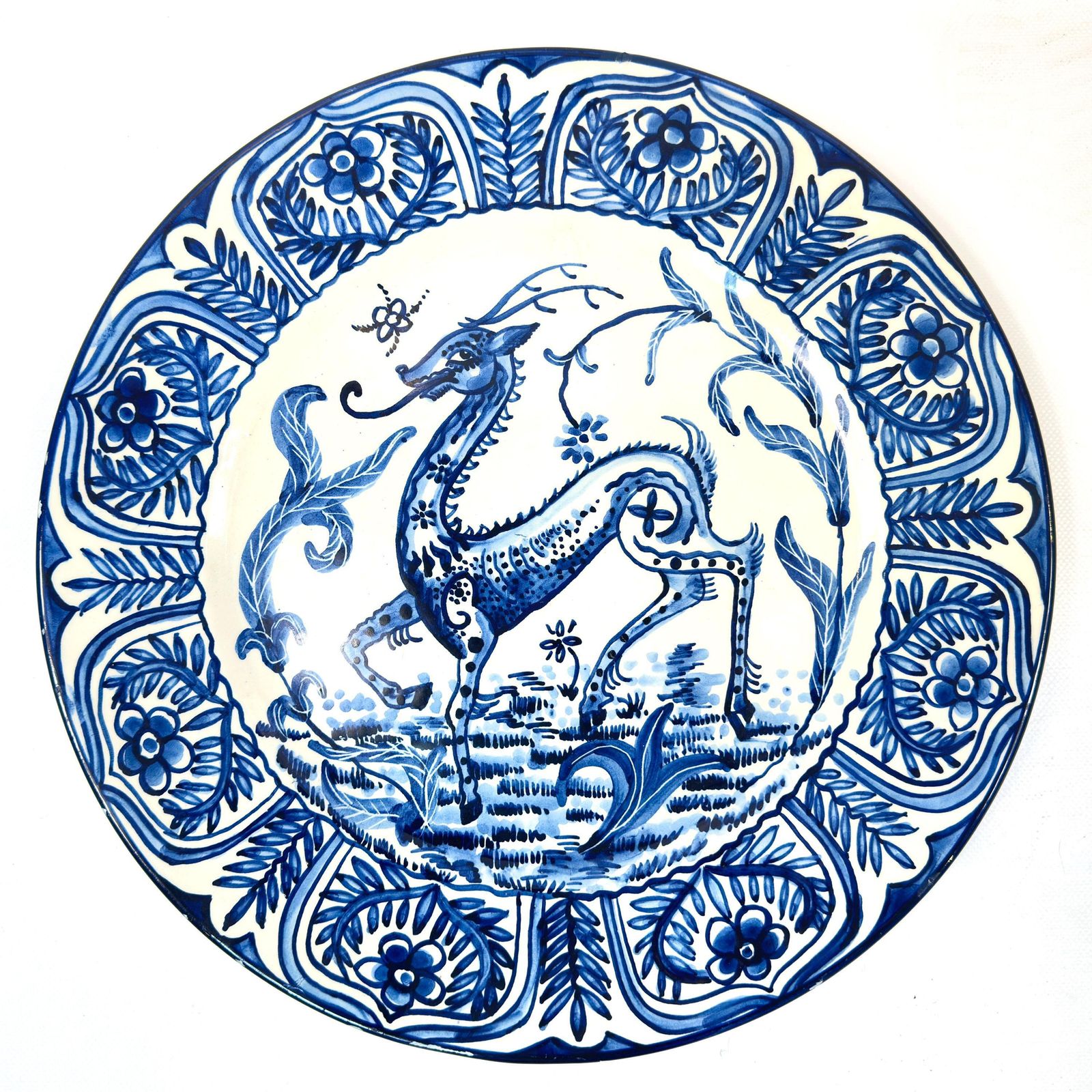 Large Spanish Talavera Style Charger 40 Cm – Blue & White Mythical Deer Wall Plate, Hand Painted, 1940s