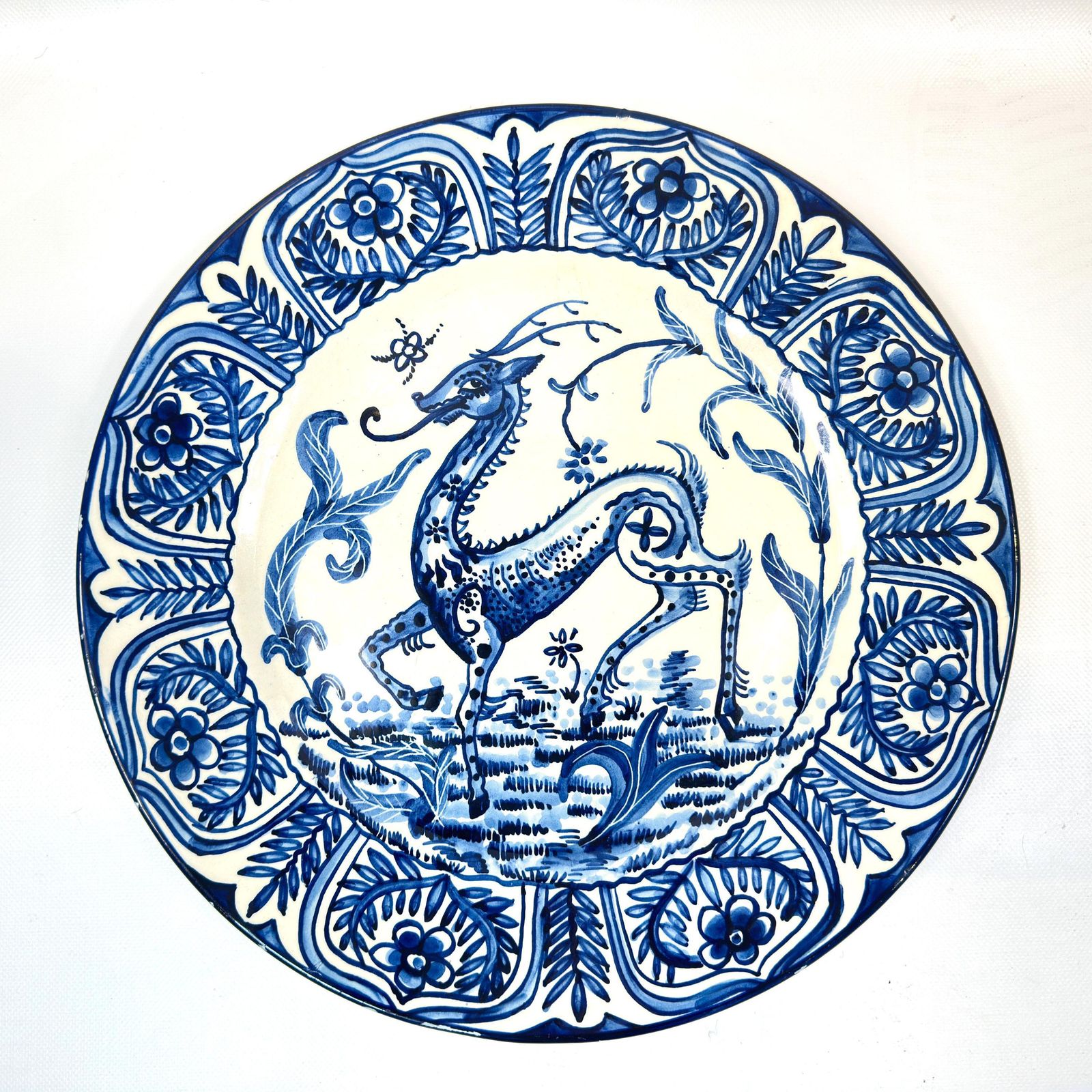photo for sale Large Spanish Talavera Style Charger 40 Cm – Blue & White Mythical Deer Wall Plate, Hand Painted, 1940s