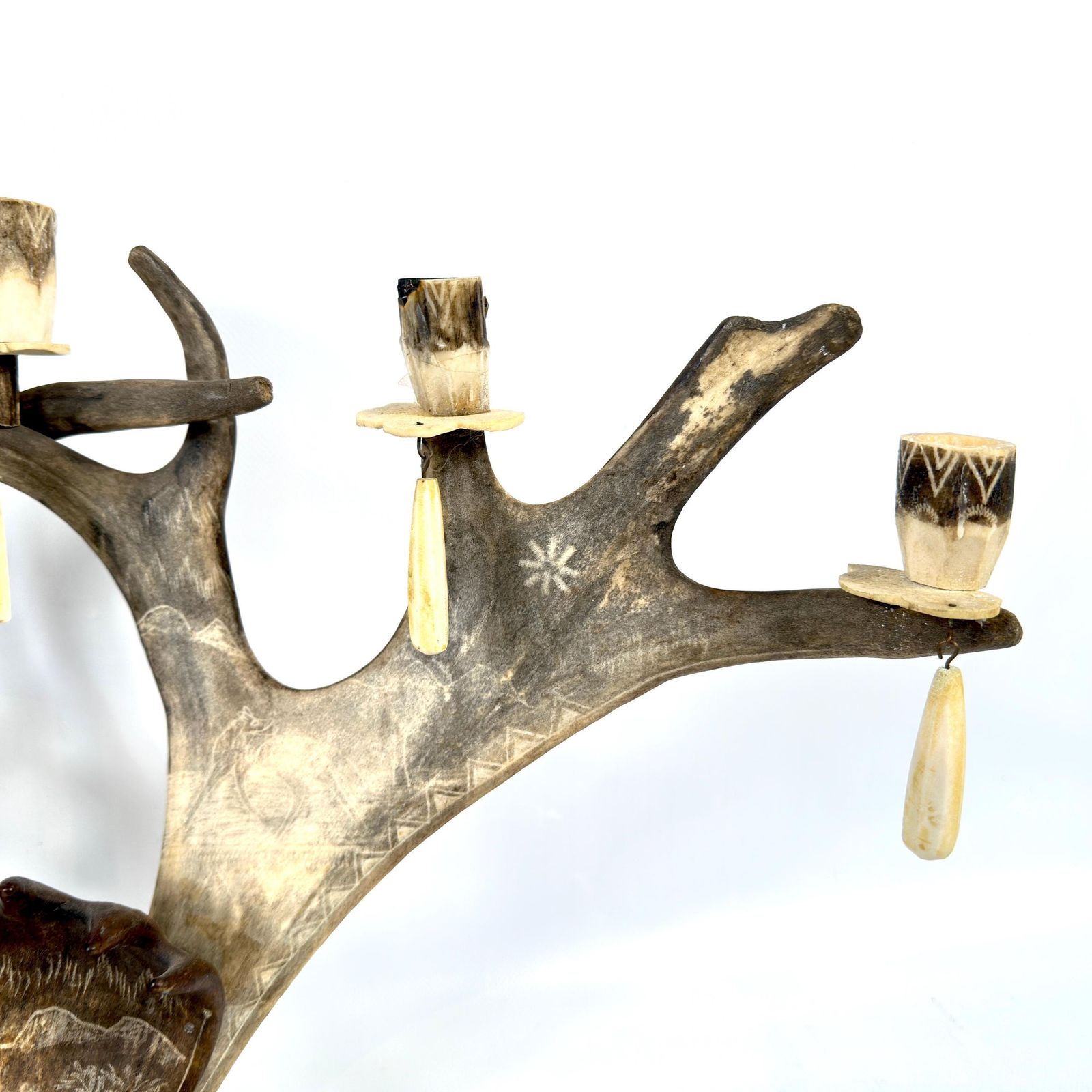 Large Scandinavian Antler Candelabra – Hand Carved Sámi Folk Art, 1940s Lodge Decor photo for sale