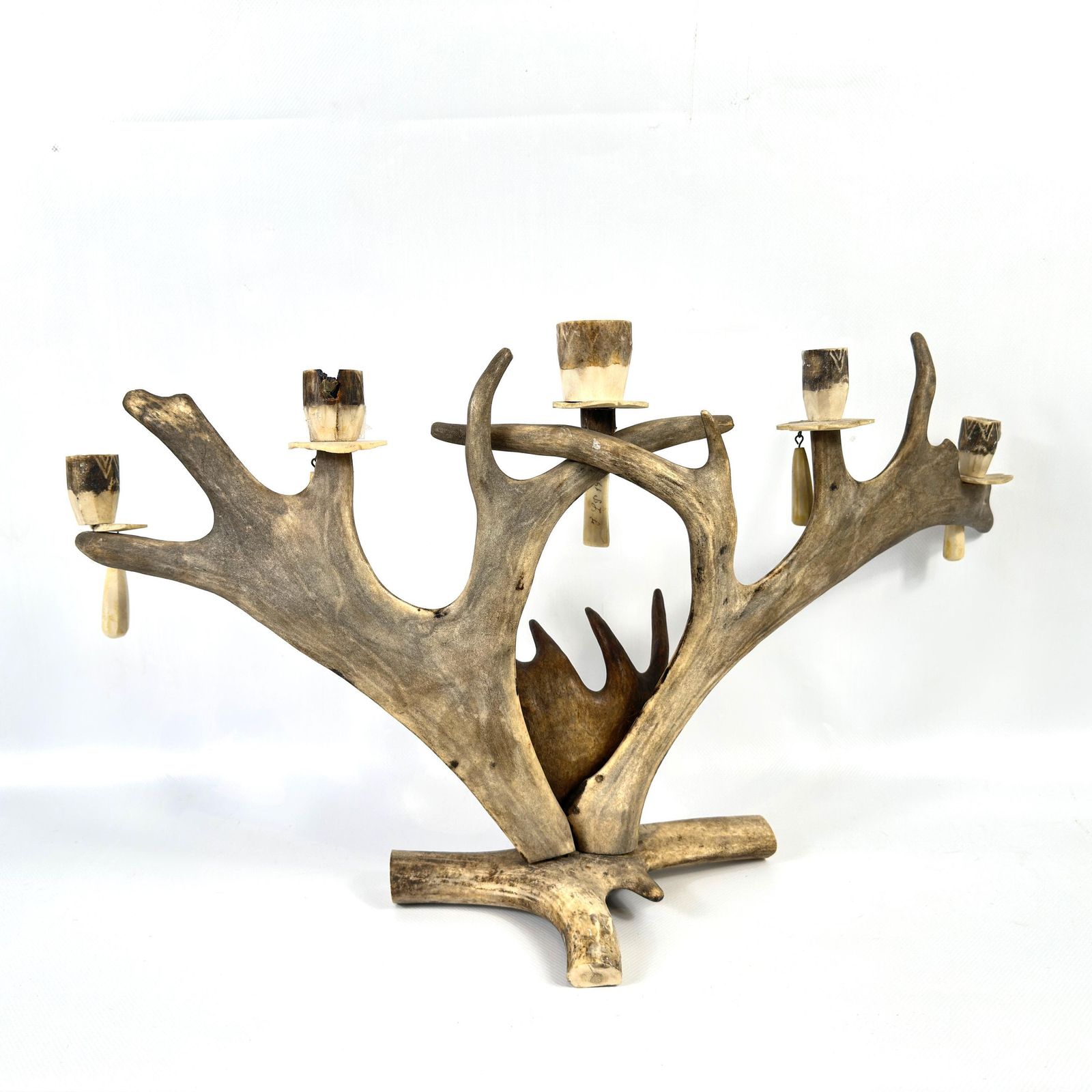 Large Scandinavian Antler Candelabra – Hand Carved Sámi Folk Art, 1940s Lodge Decor photo buy