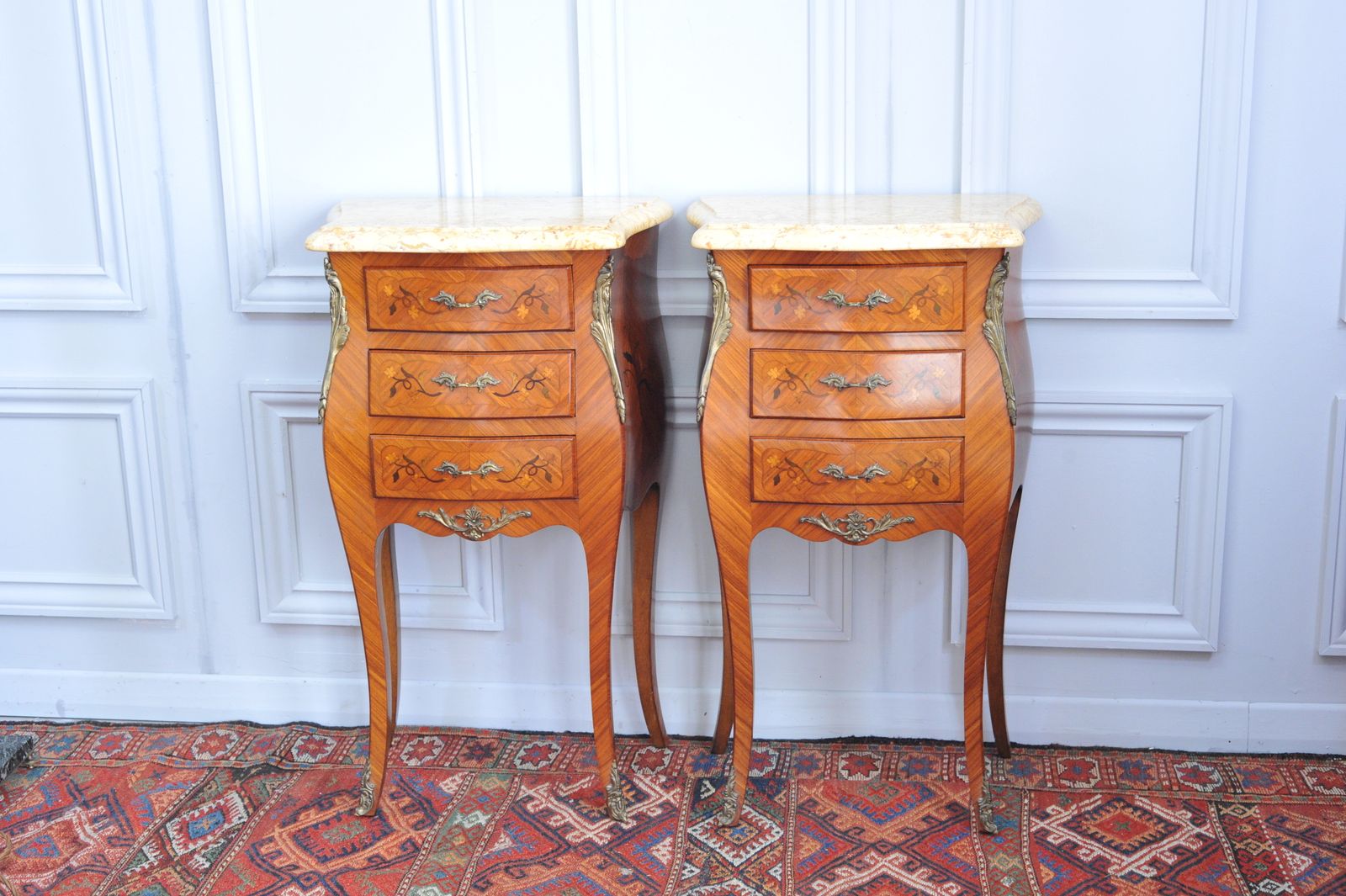 Pair Of Vintage French Mid C Louis XV Style Three Drawer Marble Top Cabinets Bedsides photo Furniture