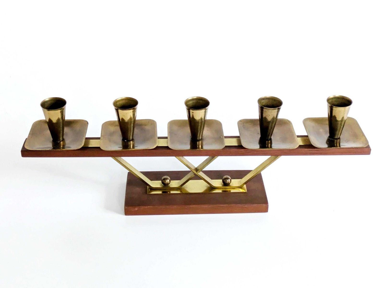 Midcentury Teak And Brass Candelabra: 5 Light German Candle Holder, 1960s Geometric Modern Design photo Home Decor