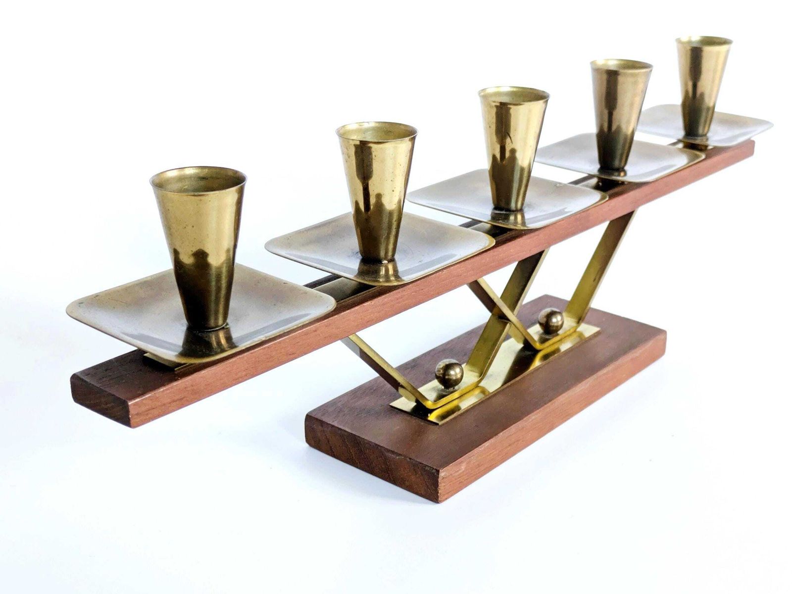Midcentury Teak And Brass Candelabra: 5 Light German Candle Holder, 1960s Geometric Modern Design photo 171.0