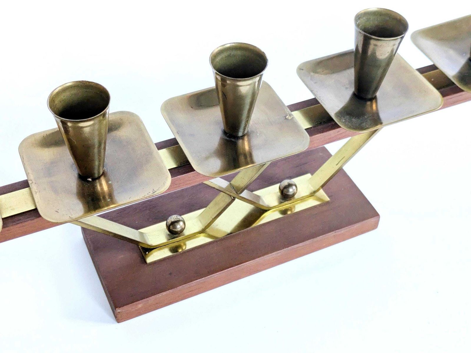 Midcentury Teak And Brass Candelabra: 5 Light German Candle Holder, 1960s Geometric Modern Design photo buy