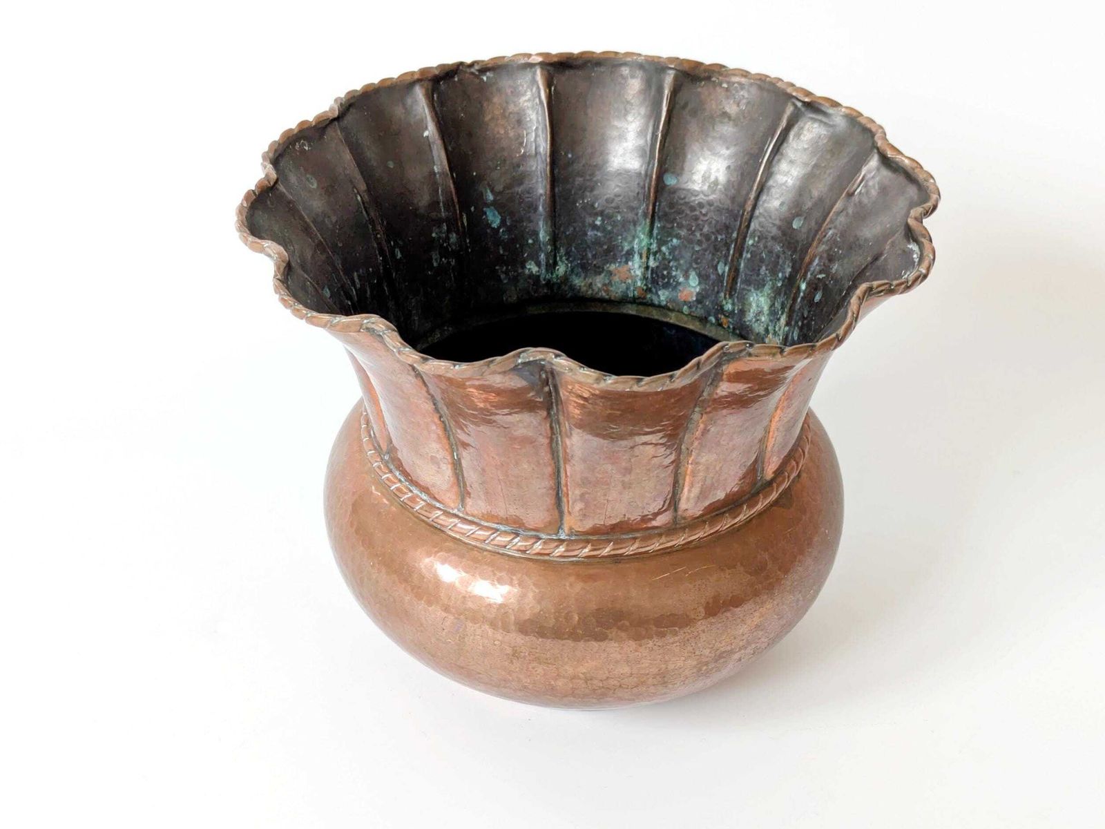 Midcentury Italian Copper Planter: Hand Hammered Design With Scalloped Rim And Cord Detail photo buy