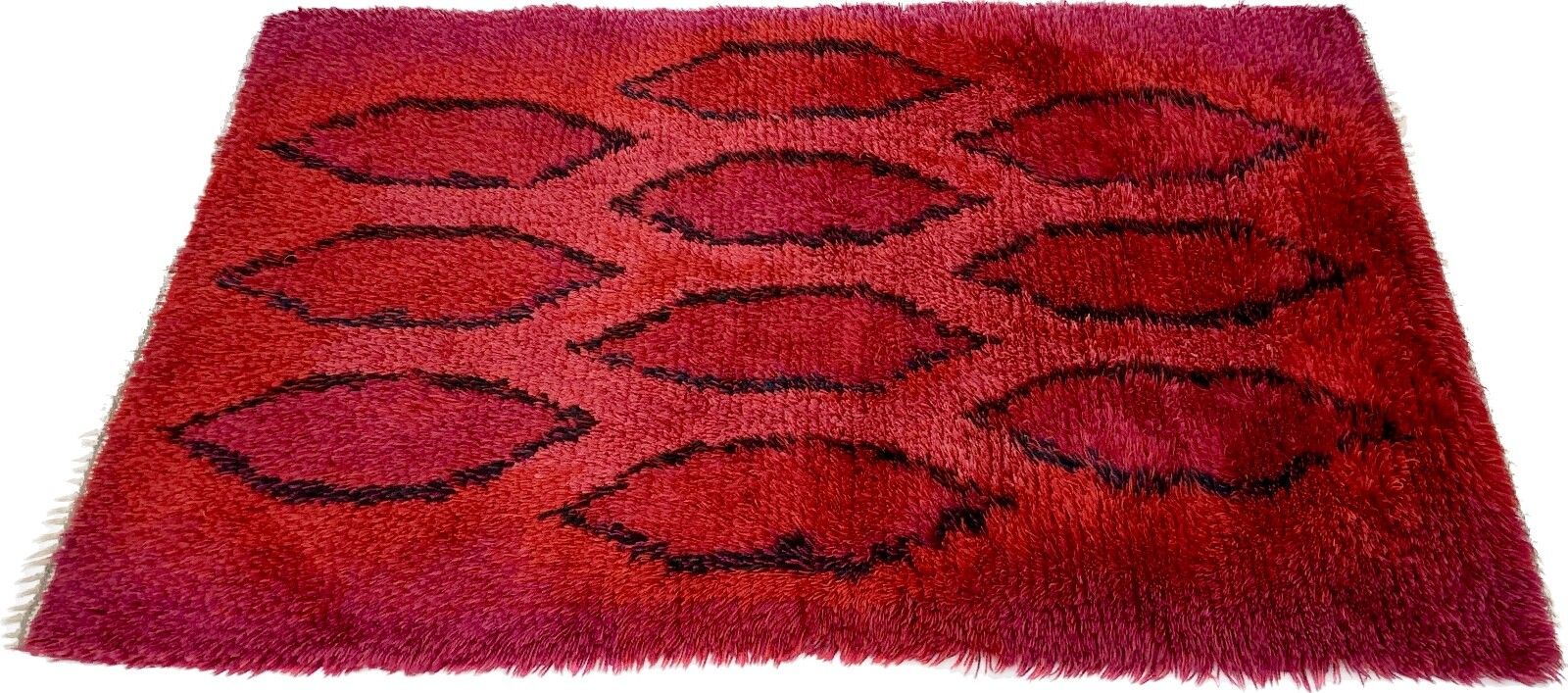 Vintage Red Wool Rya Rug Woven Handmade Vintage Scandinavian Design 1970s photo for sale