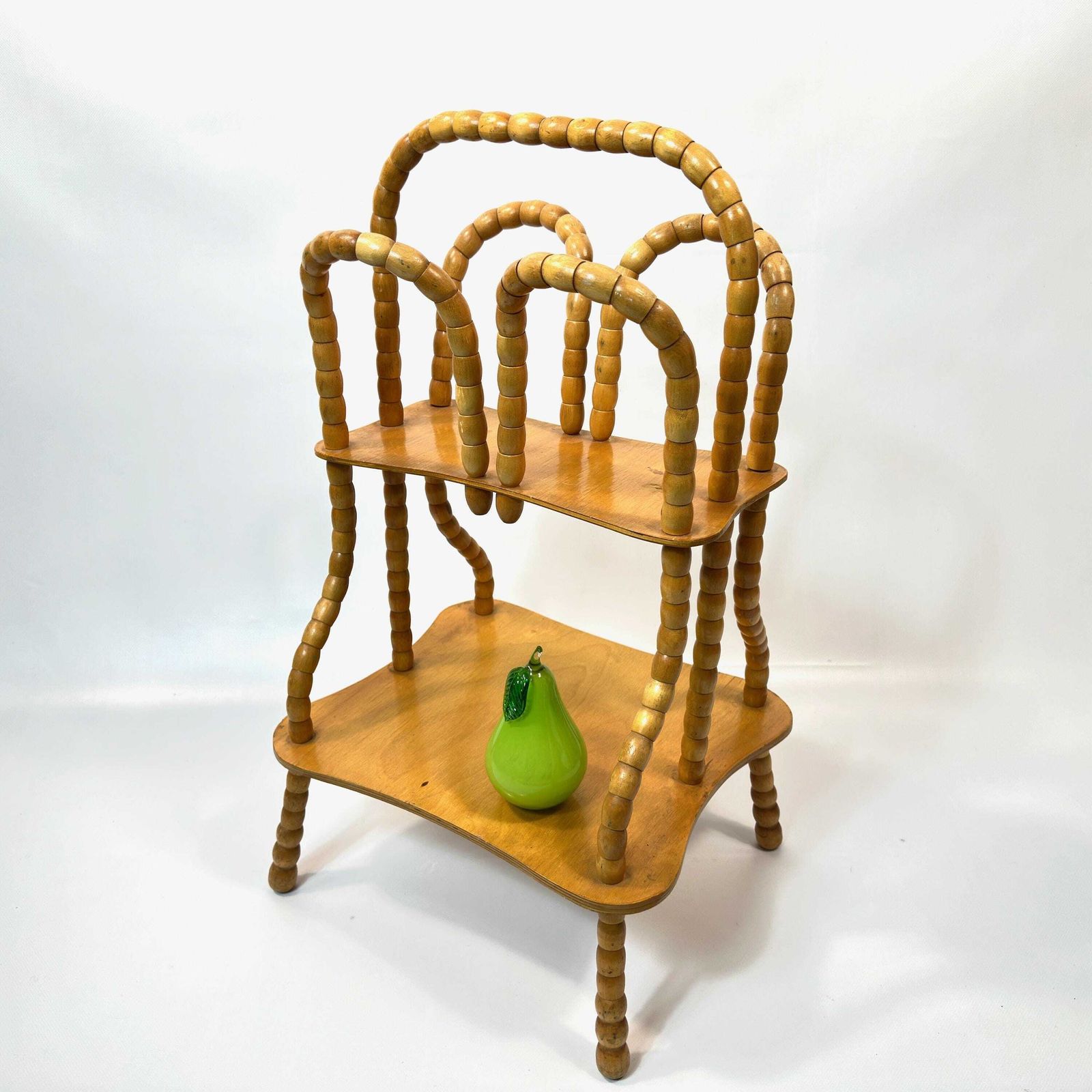 Vintage Wooden Magazine Rack: Rotating Bead Plant Stand, Mid Century Two Tier Table