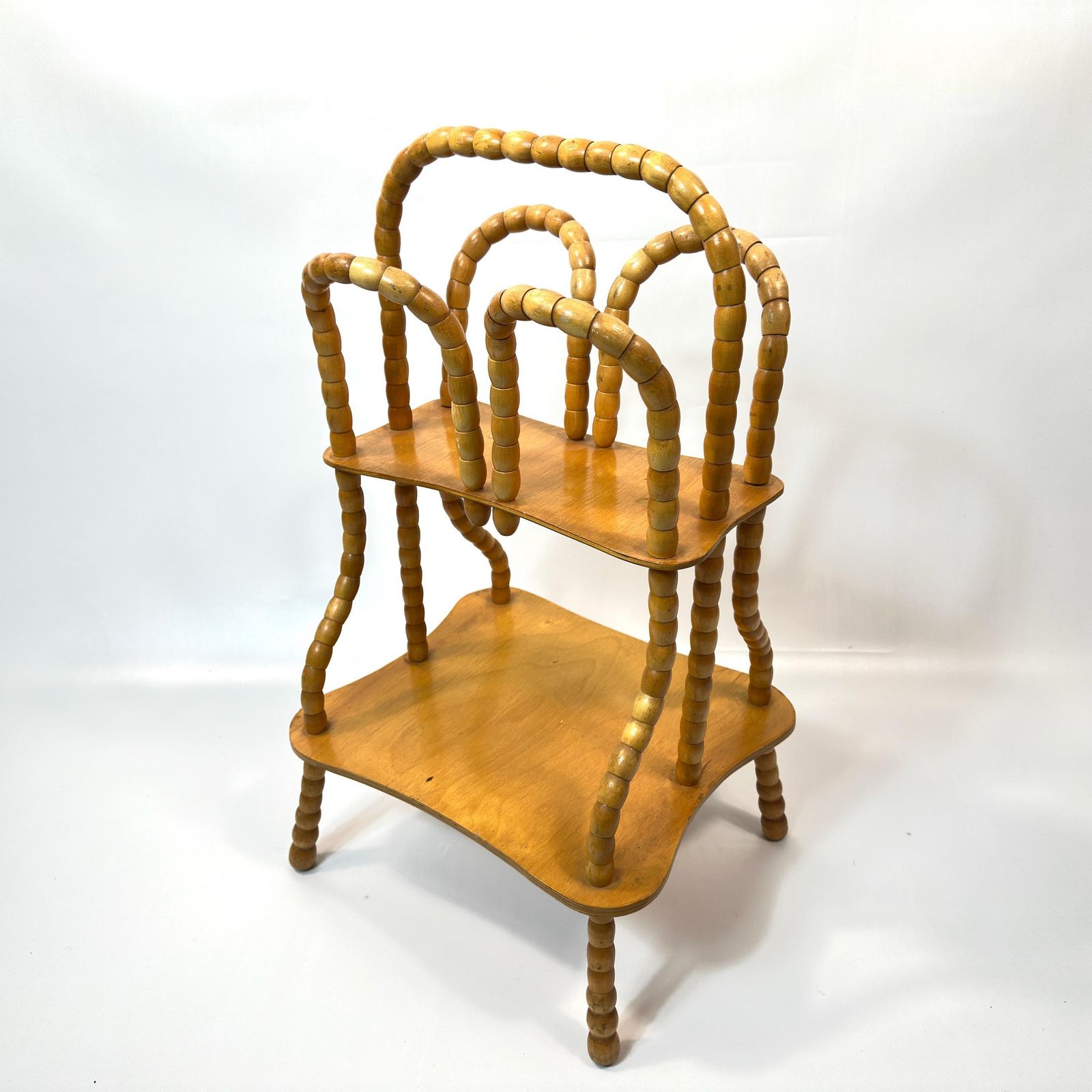 photo furniture Vintage Wooden Magazine Rack: Rotating Bead Plant Stand, Mid Century Two Tier Table