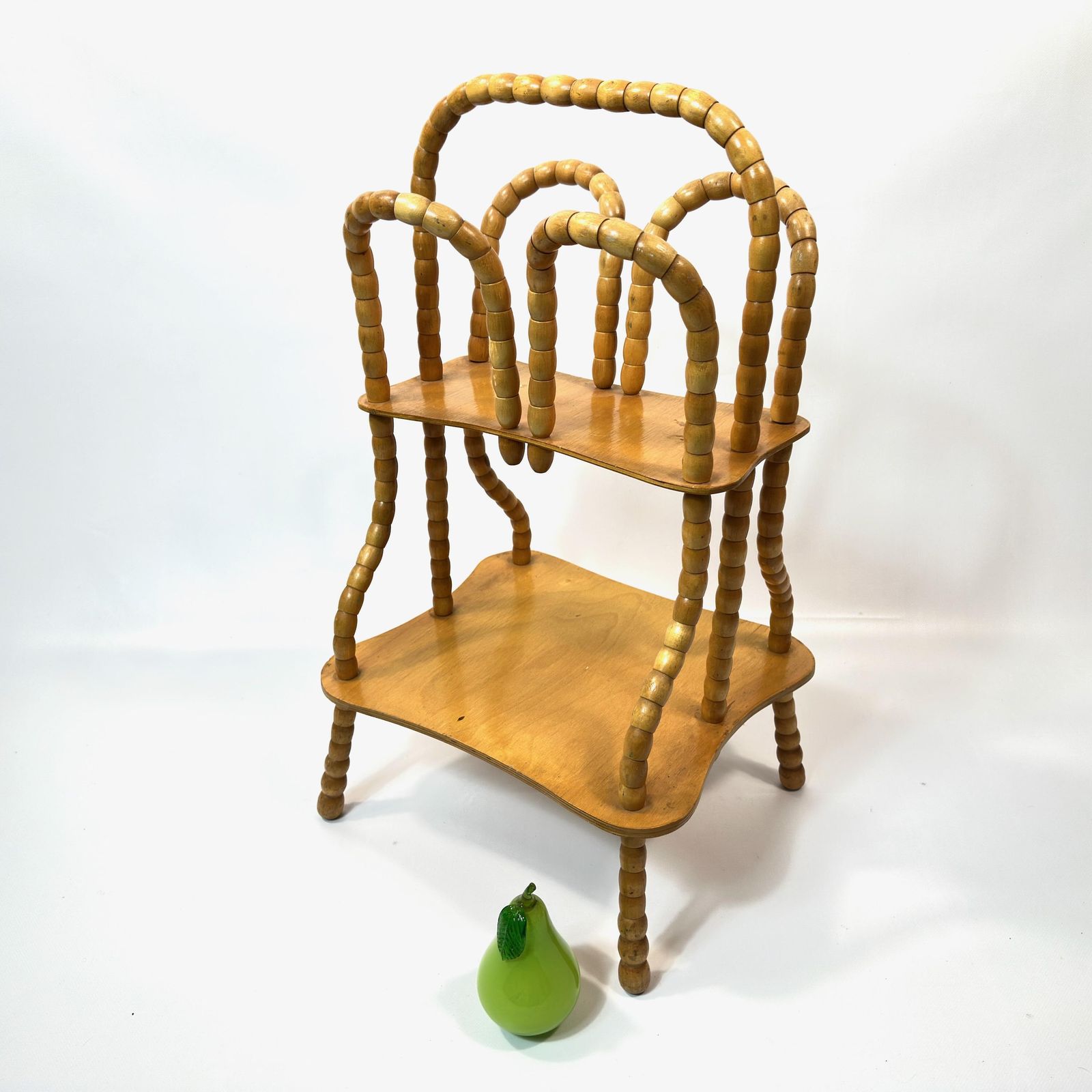 photo for sale Vintage Wooden Magazine Rack: Rotating Bead Plant Stand, Mid Century Two Tier Table