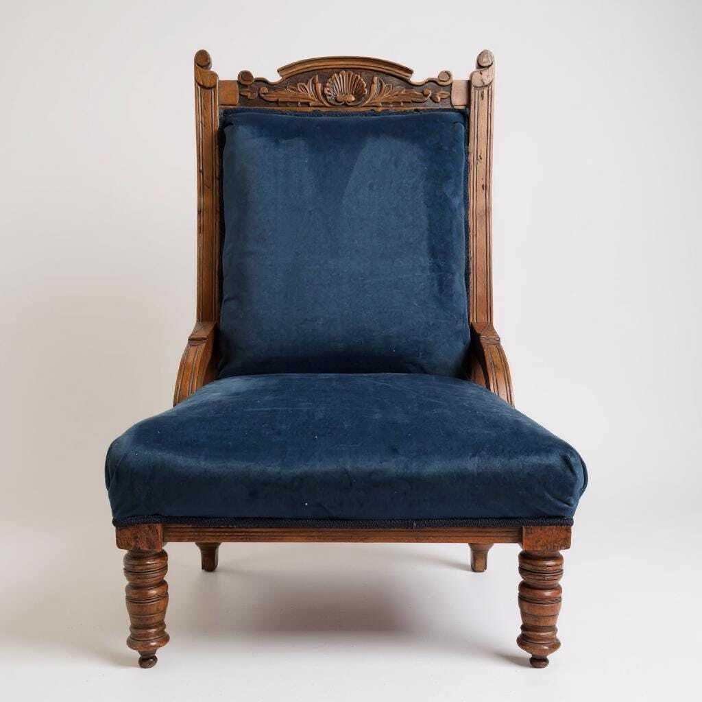 Victorian Oak Nursing Chair With Carved Back & Blue Upholstery