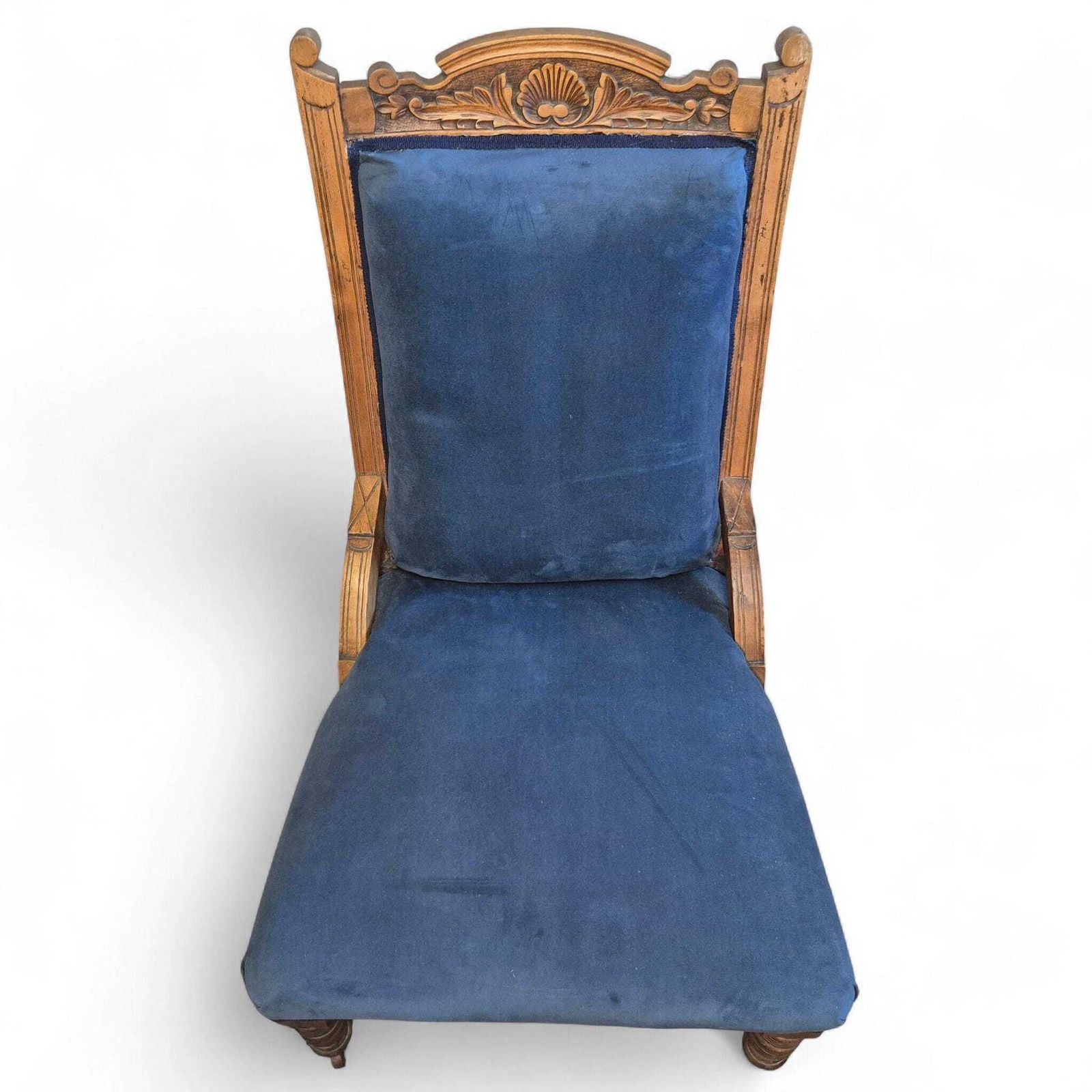 Victorian Oak Nursing Chair With Carved Back & Blue Upholstery photo Furniture