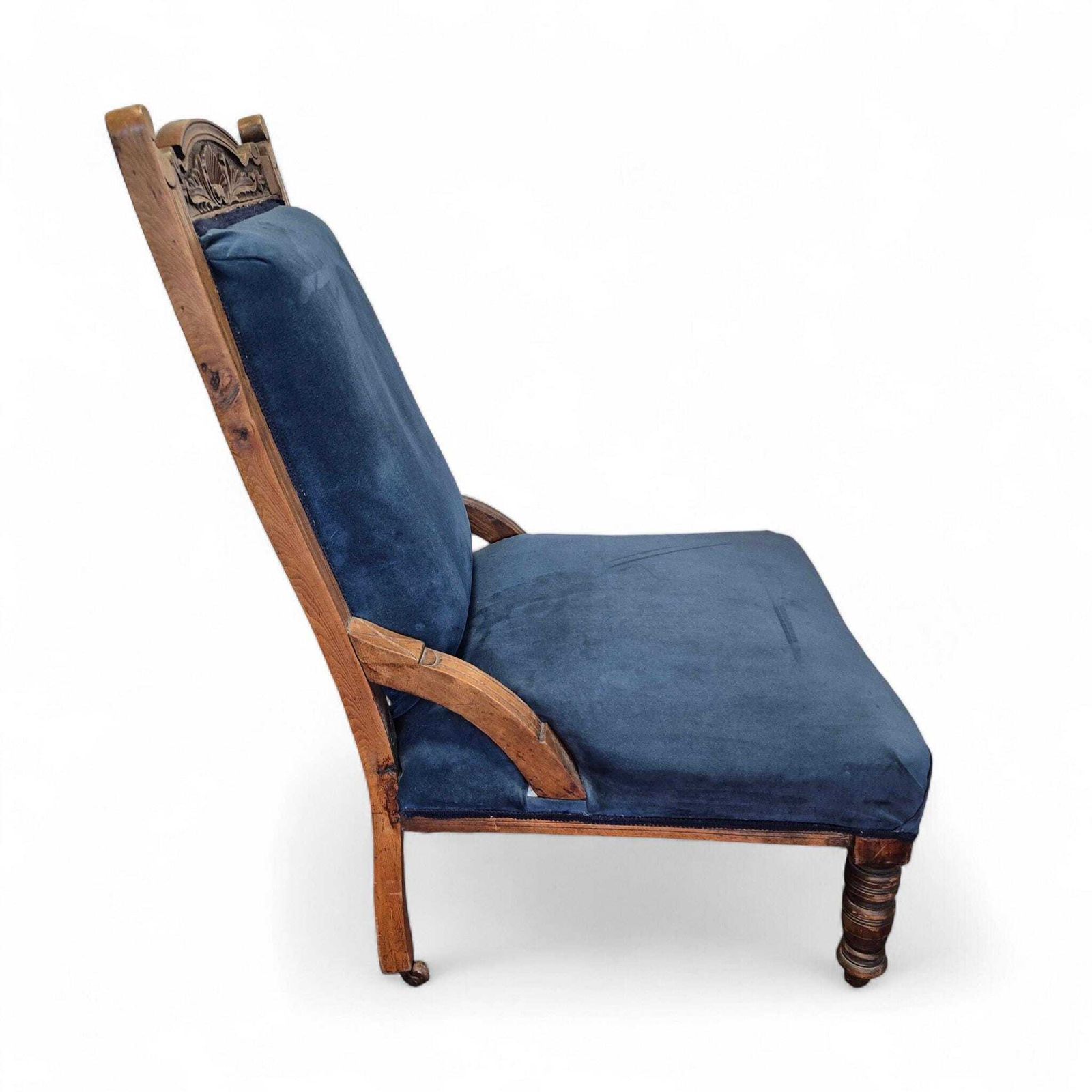 Victorian Oak Nursing Chair With Carved Back & Blue Upholstery photo vinterior