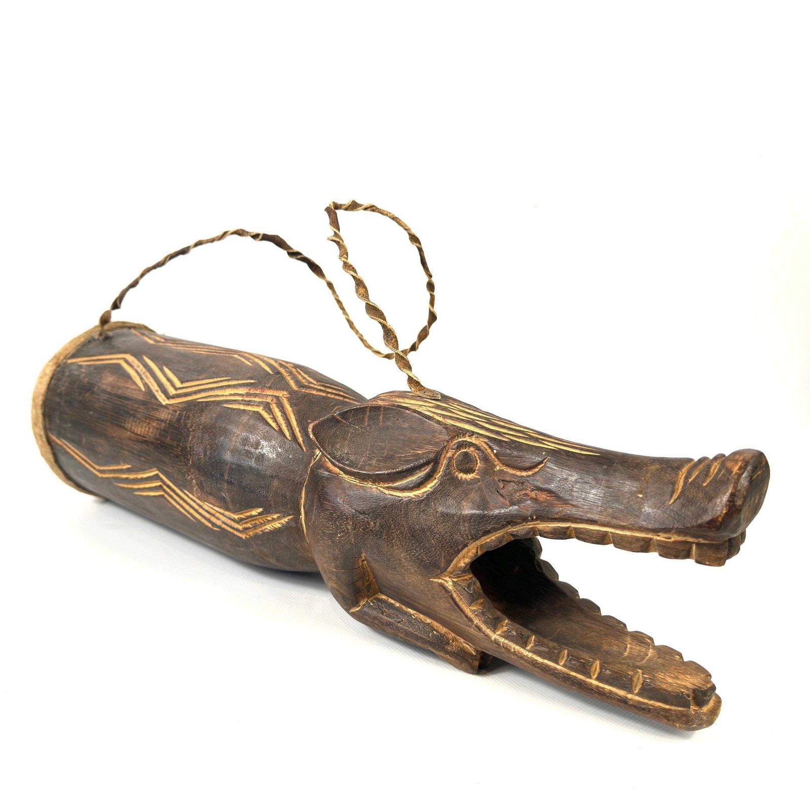 photo furniture Hand Carved Wooden Crocodile Drum – Vintage African Tribal Percussion Instrument, 55 Cm