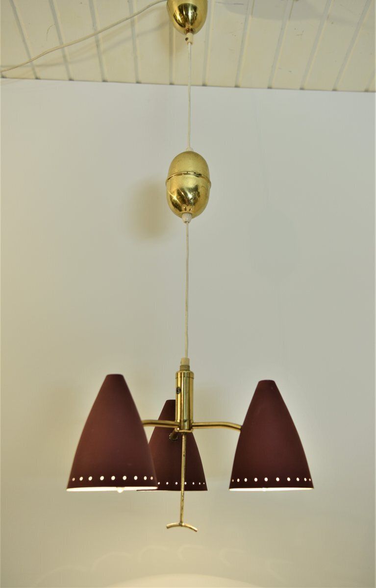 Swedish Modern Triple Pendant Lamp With Elevator Function, 1950s photo for sale