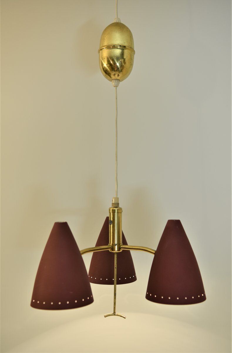 Swedish Modern Triple Pendant Lamp With Elevator Function, 1950s photo Lighting