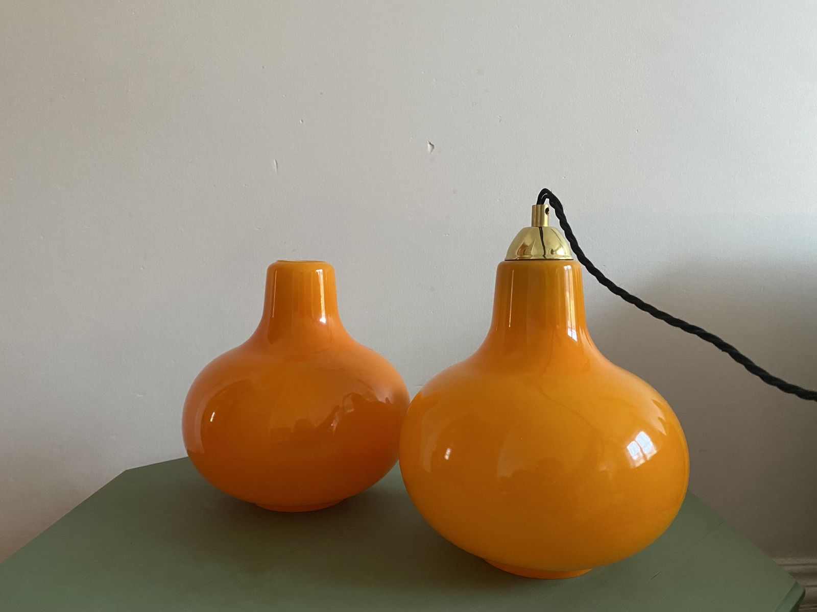 Pair Of Vintage Scandinavian Orange Glass Hanging Pendant Lamps Pear Shape 1960s