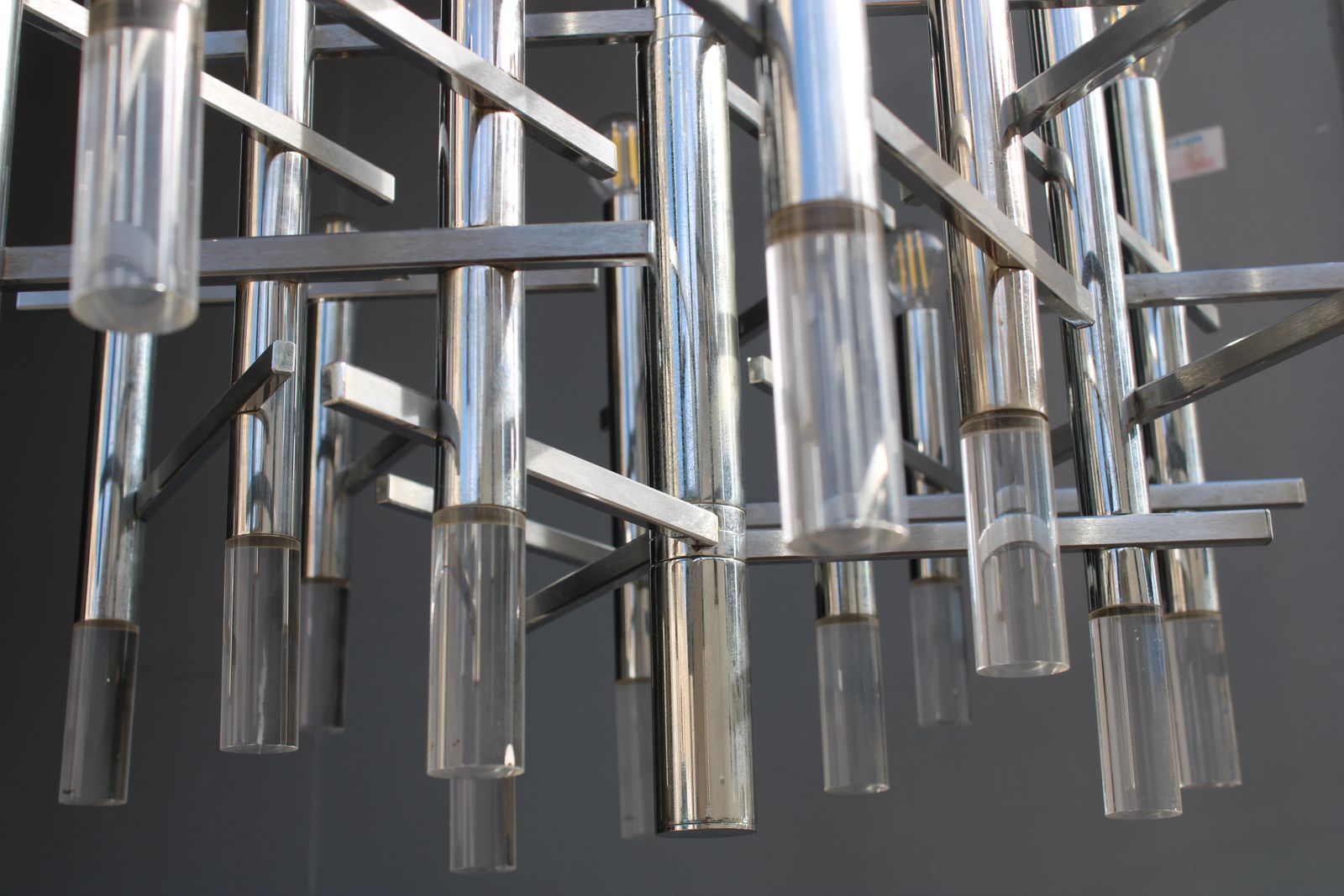 Sciolari Chandelier In Steel And Plexiglass 1970 Italy Minimalist Design photo vintage