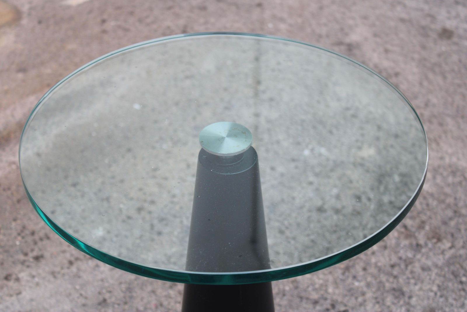 photo furniture Gueridon Italian Shaft In Black Lacquered Conical Wood Thick Glass Top 1980