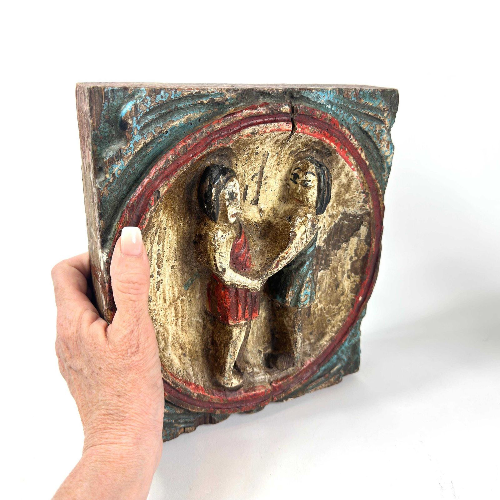 photo for sale Vintage Wood Carving – Hand Painted Zodiac Folk Art Wall Panel