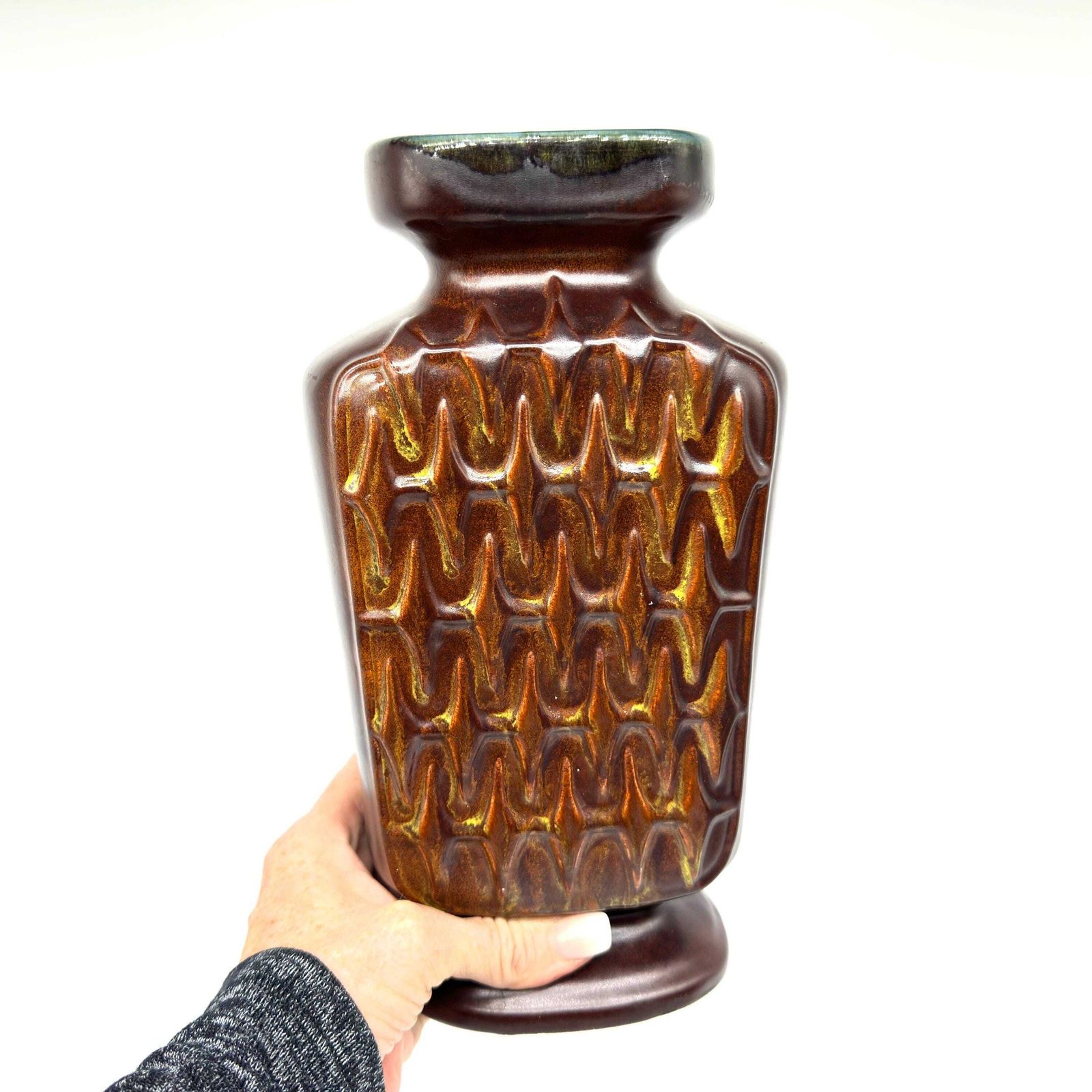 West German Art Pottery Vase – Scheurich 1250/28, 1970s Brown Chevron Glaze