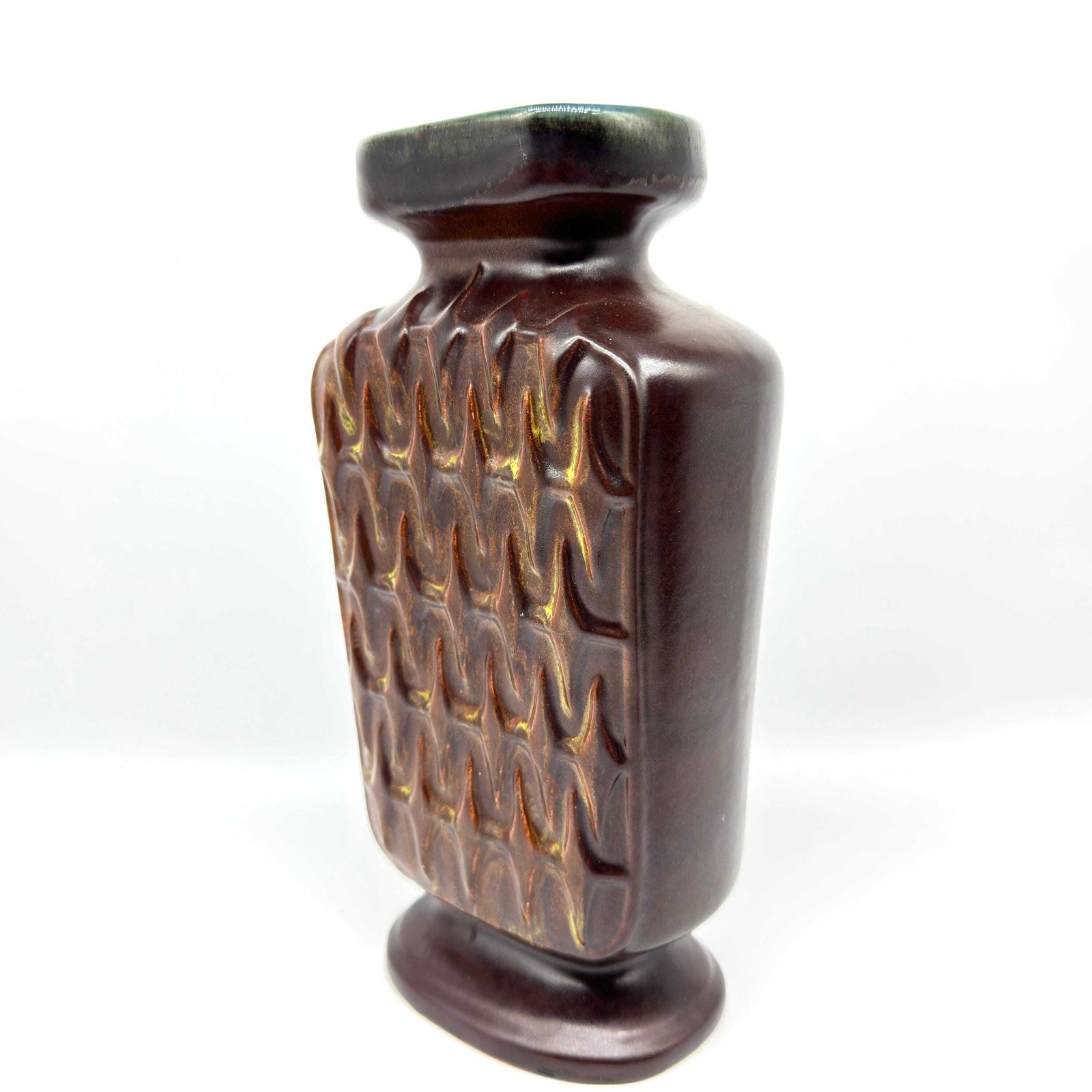 West German Art Pottery Vase – Scheurich 1250/28, 1970s Brown Chevron Glaze photo vinterior