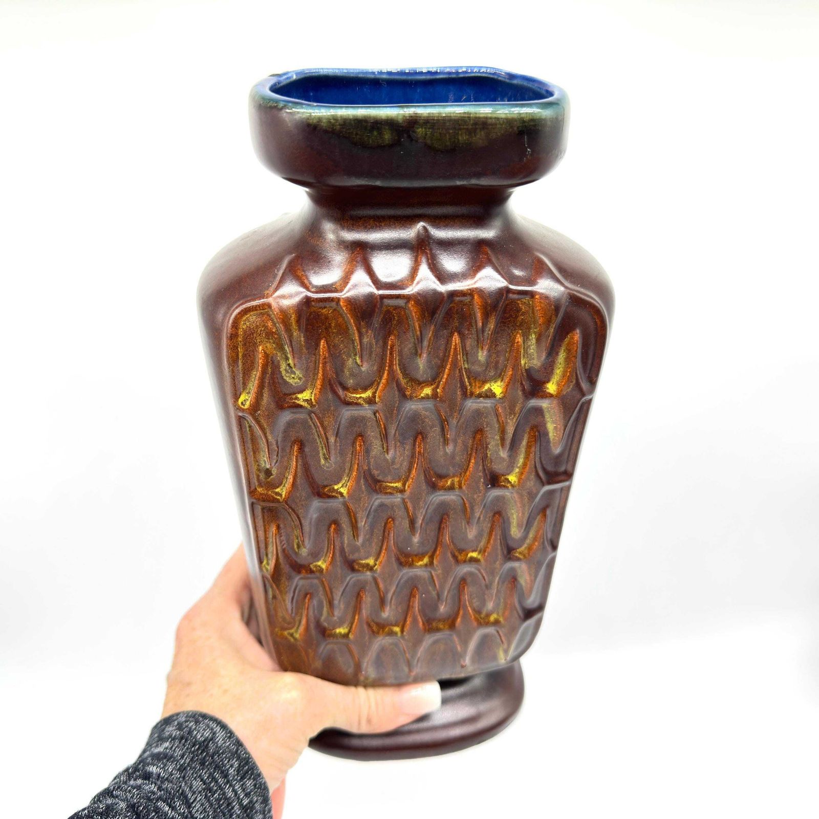 photo for sale West German Art Pottery Vase – Scheurich 1250/28, 1970s Brown Chevron Glaze