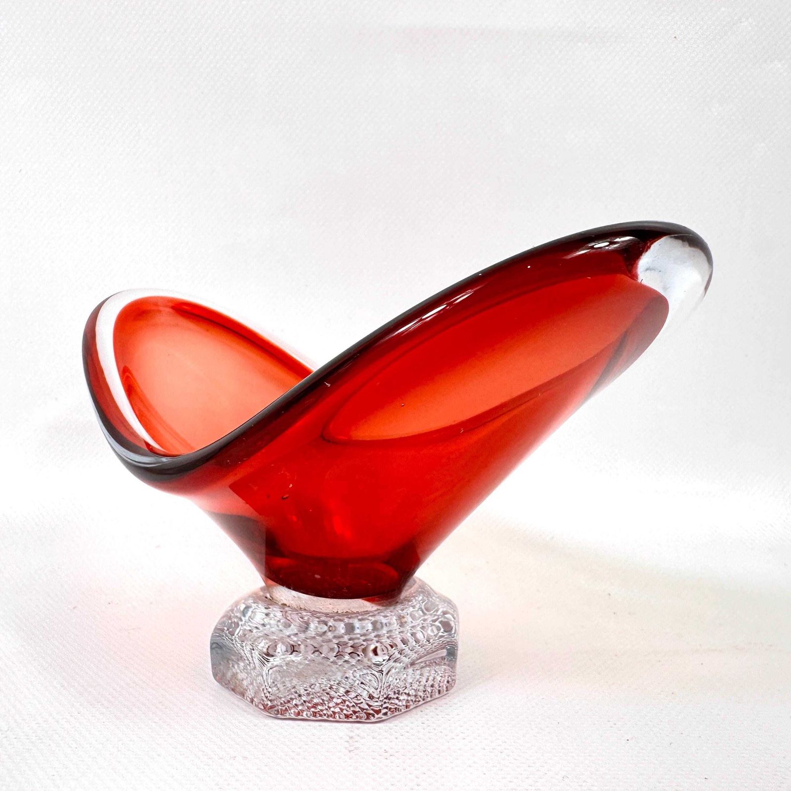 Vintage Scandinavian Red Art Glass Bowl – Freeform Pedestal Design, Mid Century photo for sale