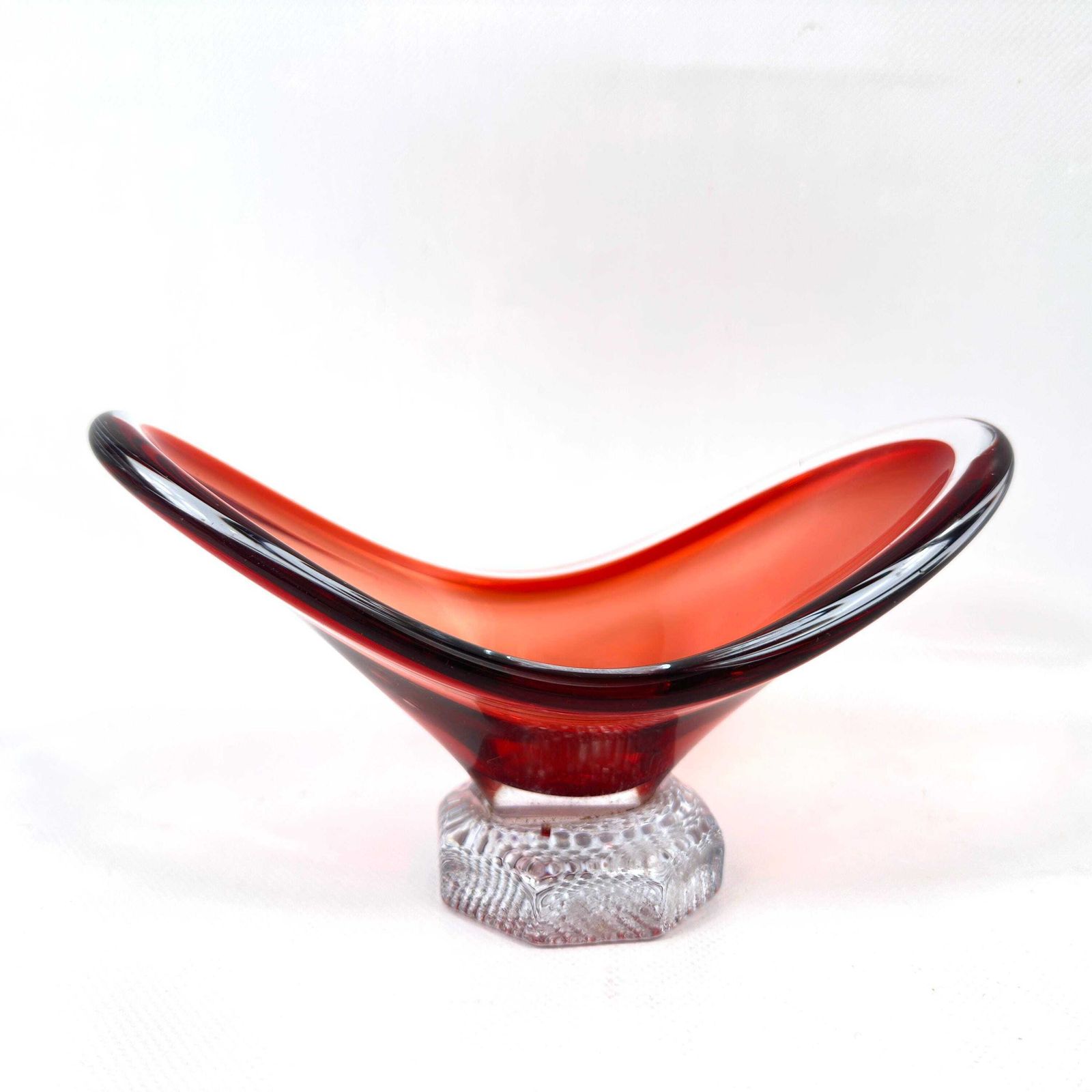 Vintage Scandinavian Red Art Glass Bowl – Freeform Pedestal Design, Mid Century photo 109.0